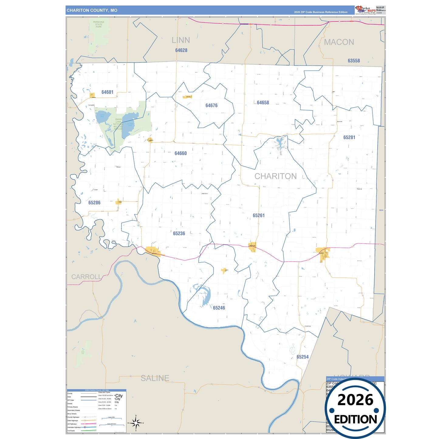 Chariton County, MO Business Reference 5 Digit ZIP Code Wall Map