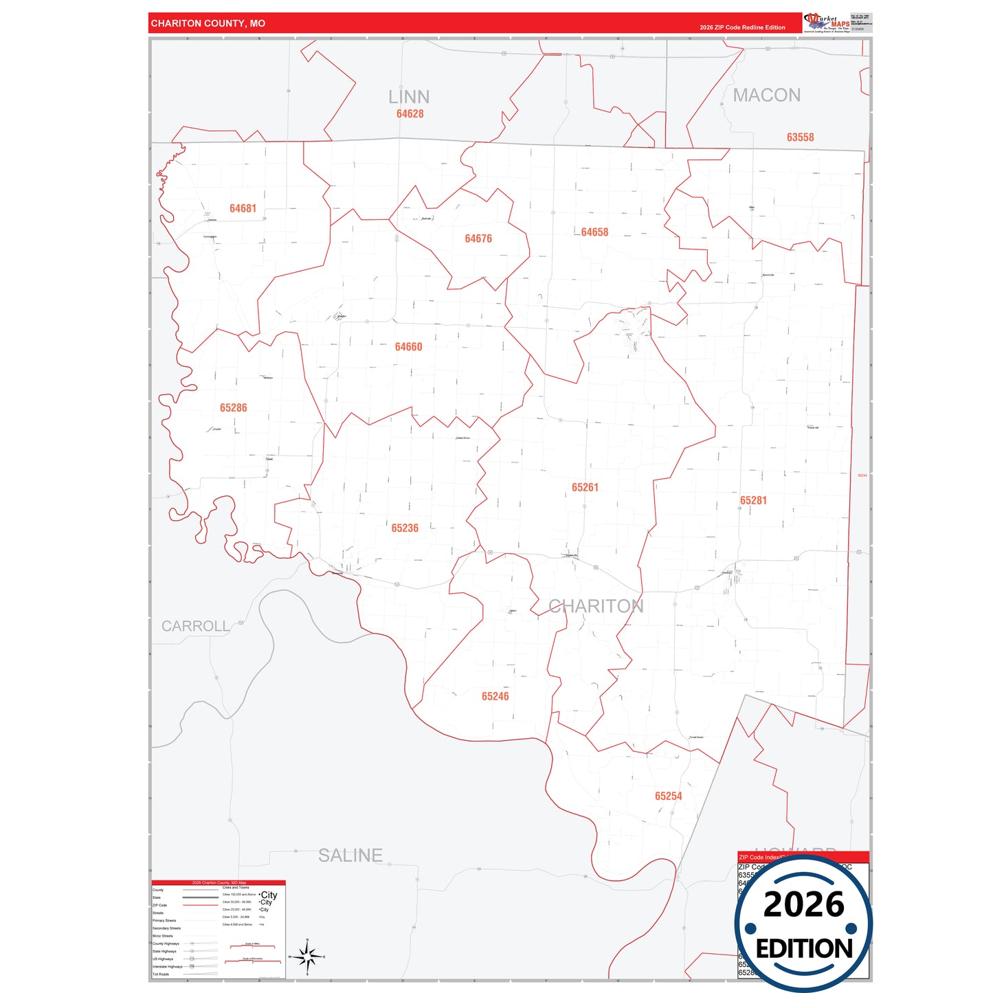 Chariton County, MO Red Line 5 Digit ZIP Code Wall Map