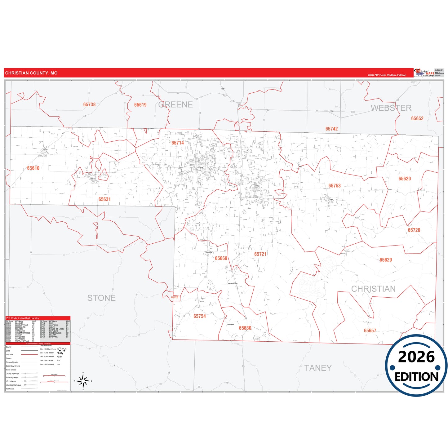 Christian County, MO Red Line 5 Digit ZIP Code Wall Map