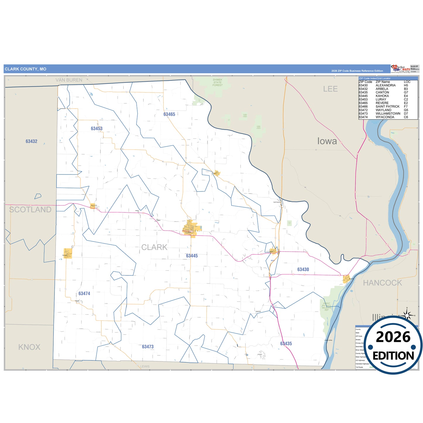 Clark County, MO Business Reference 5 Digit ZIP Code Wall Map
