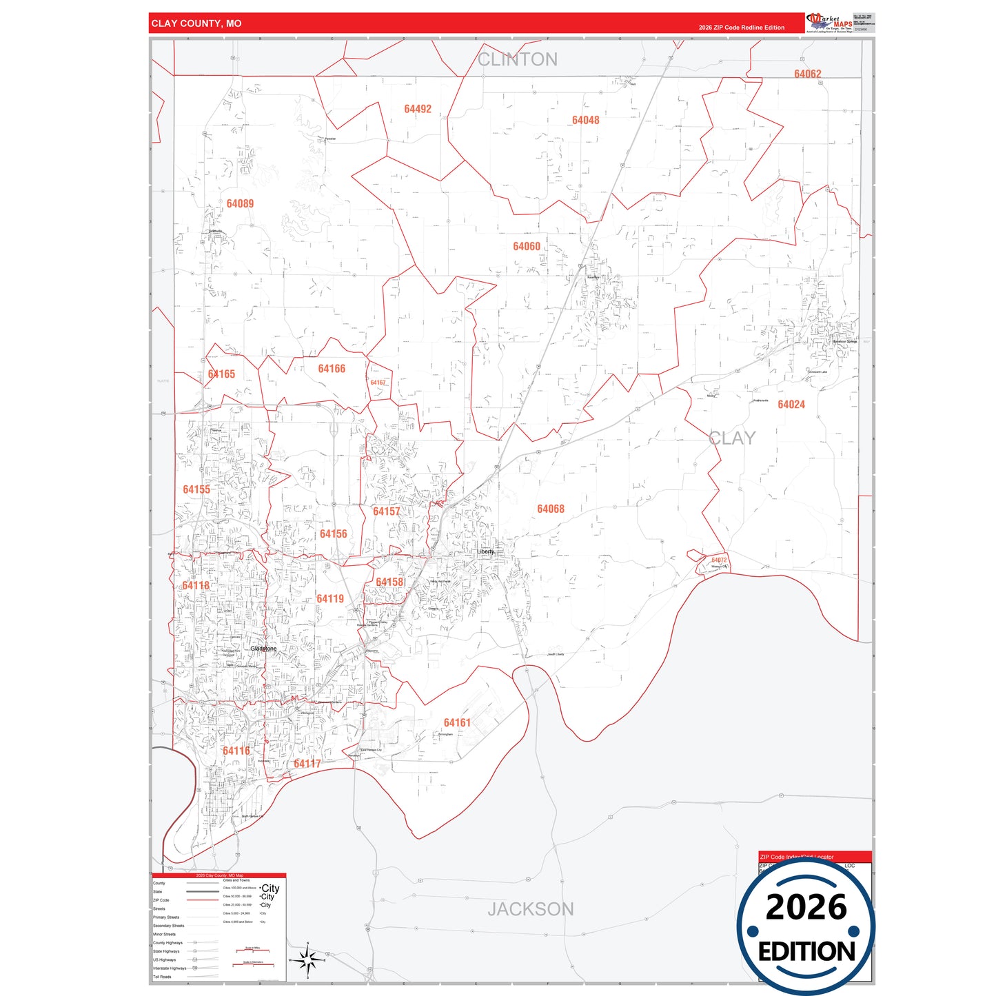Clay County, MO Red Line 5 Digit ZIP Code Wall Map