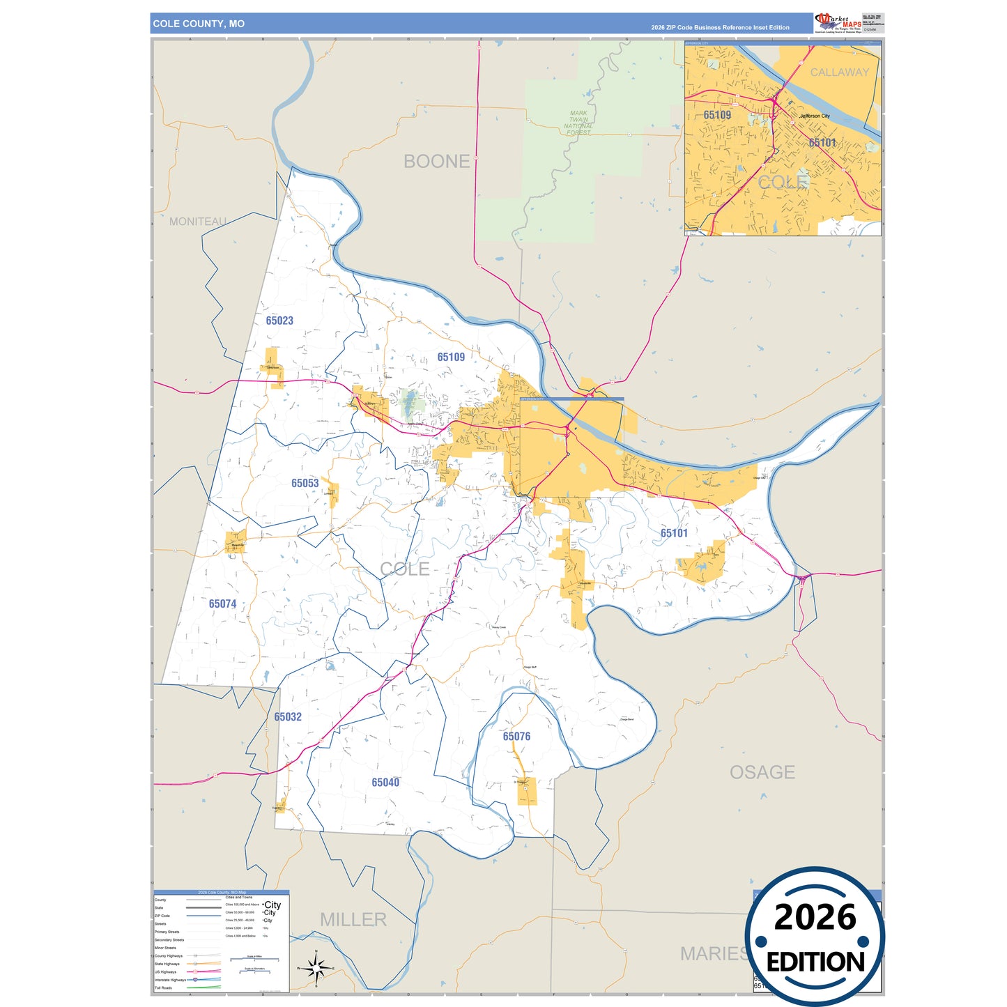 Cole County, MO Business Reference 5 Digit ZIP Code Wall Map