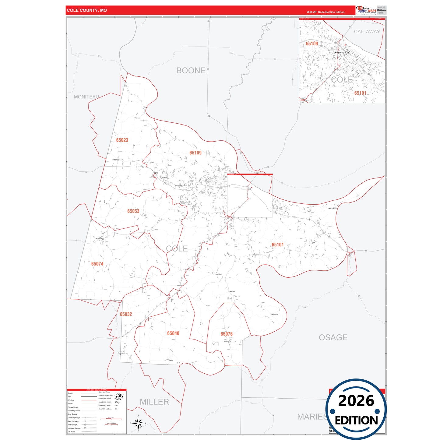Cole County, MO Red Line 5 Digit ZIP Code Wall Map
