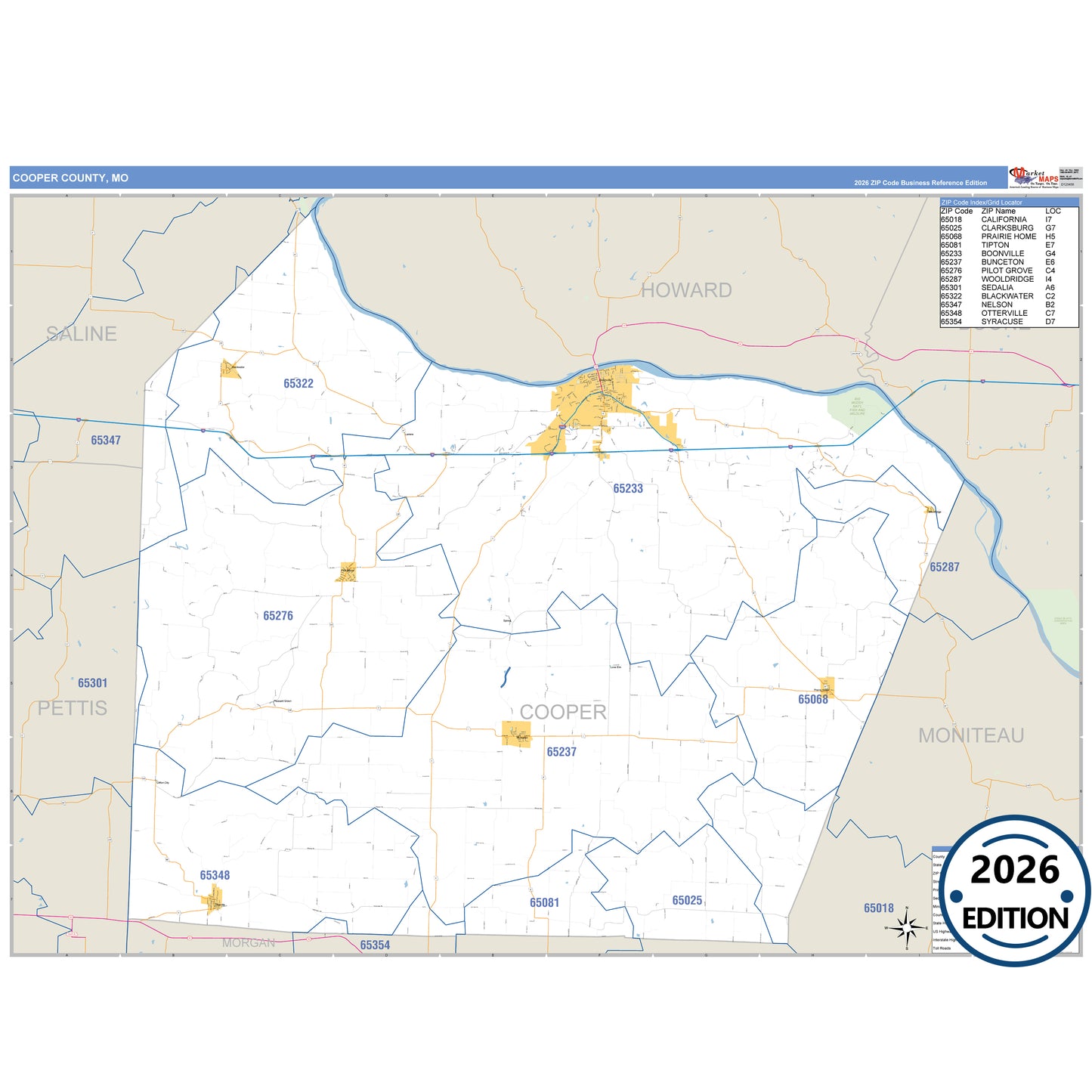 Cooper County, MO Business Reference 5 Digit ZIP Code Wall Map