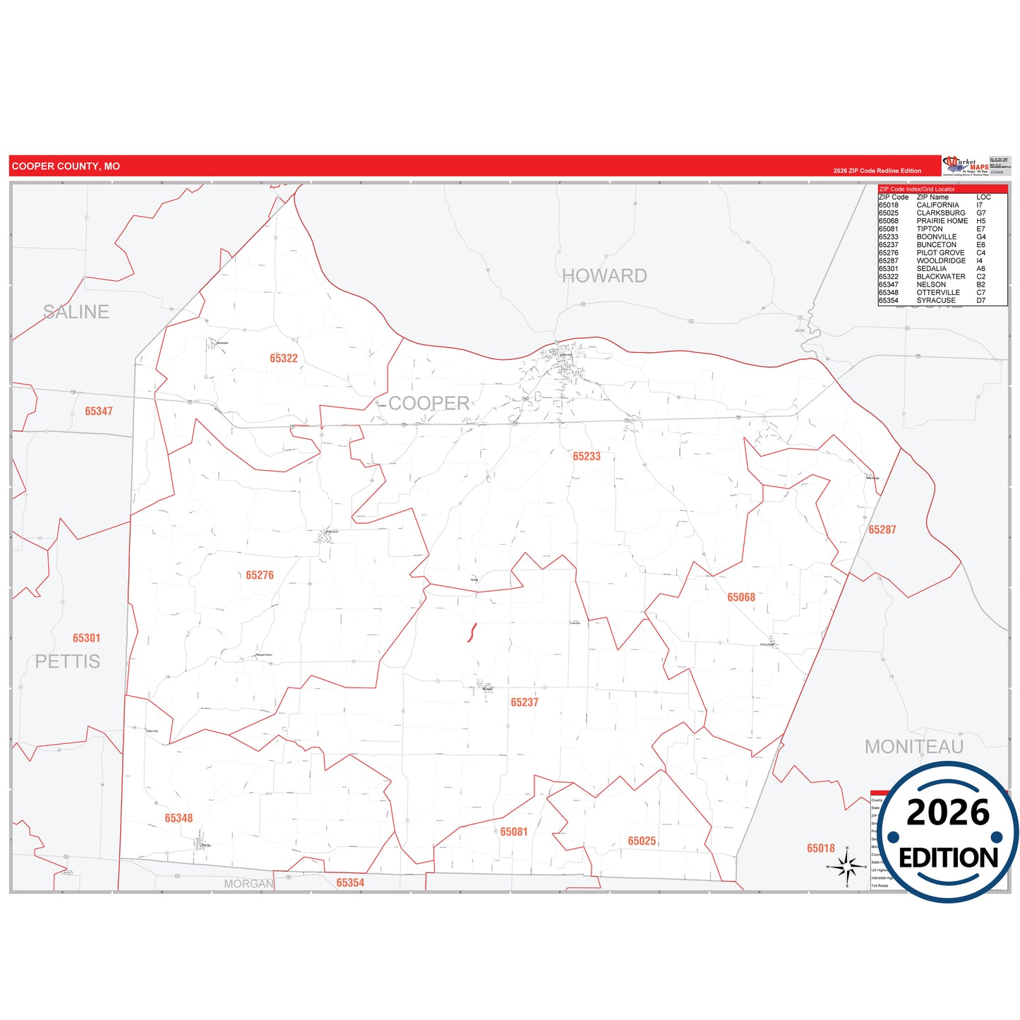 Cooper County, MO Red Line 5 Digit ZIP Code Wall Map