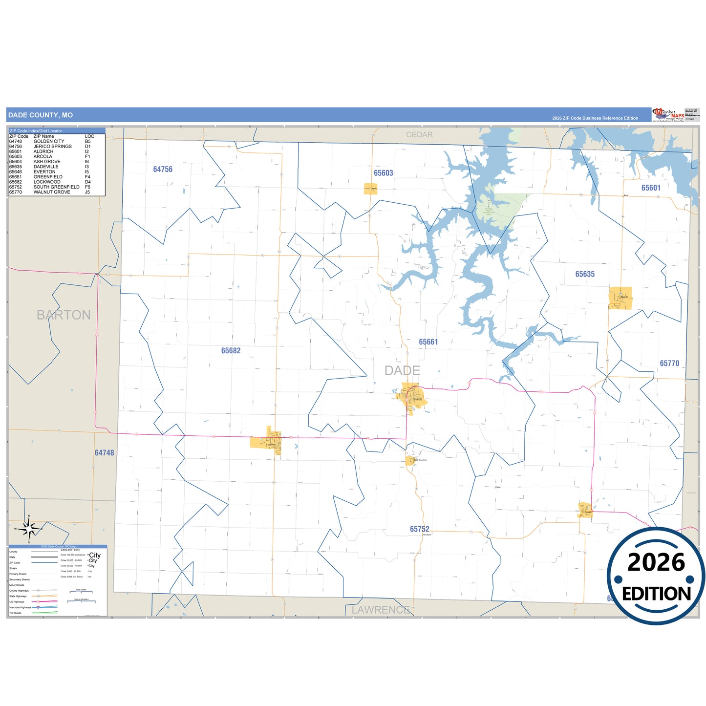 Dade County, MO Business Reference 5 Digit ZIP Code Wall Map