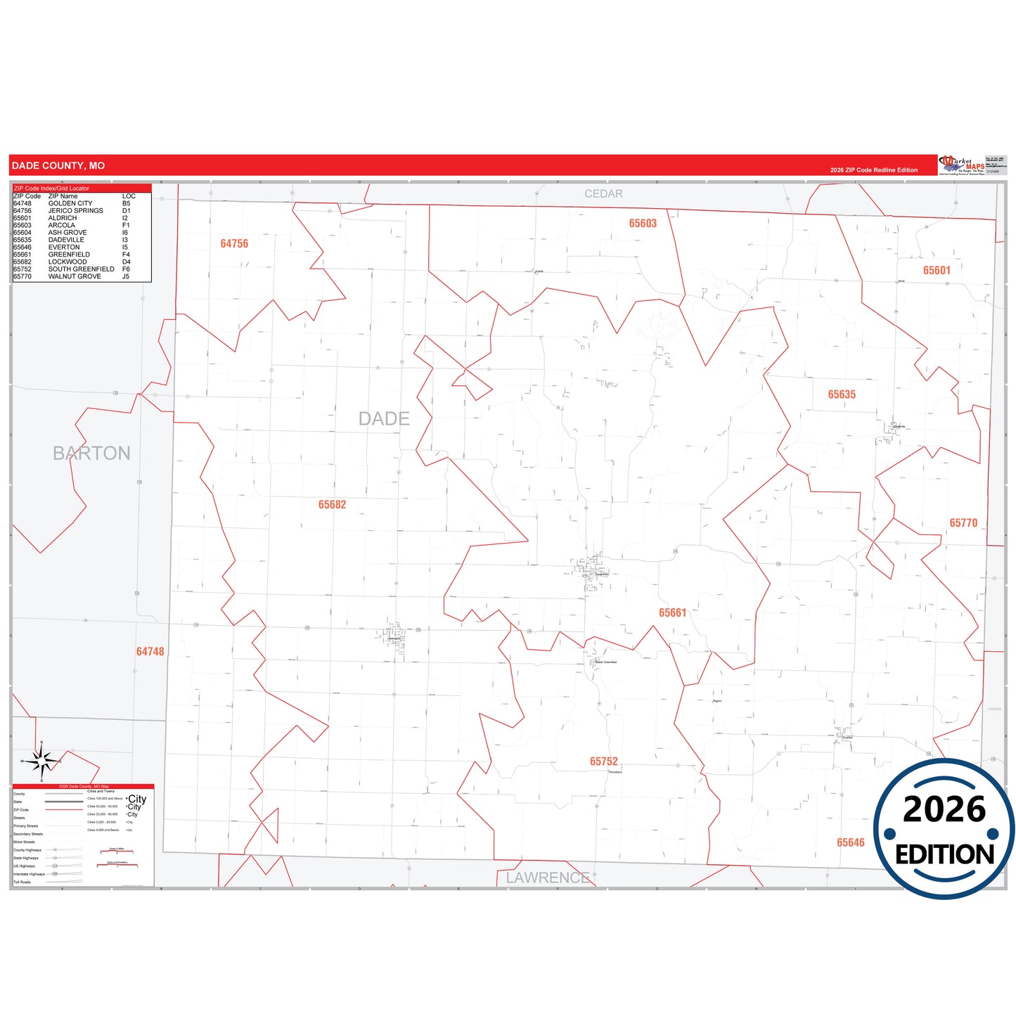 Dade County, MO Red Line 5 Digit ZIP Code Wall Map