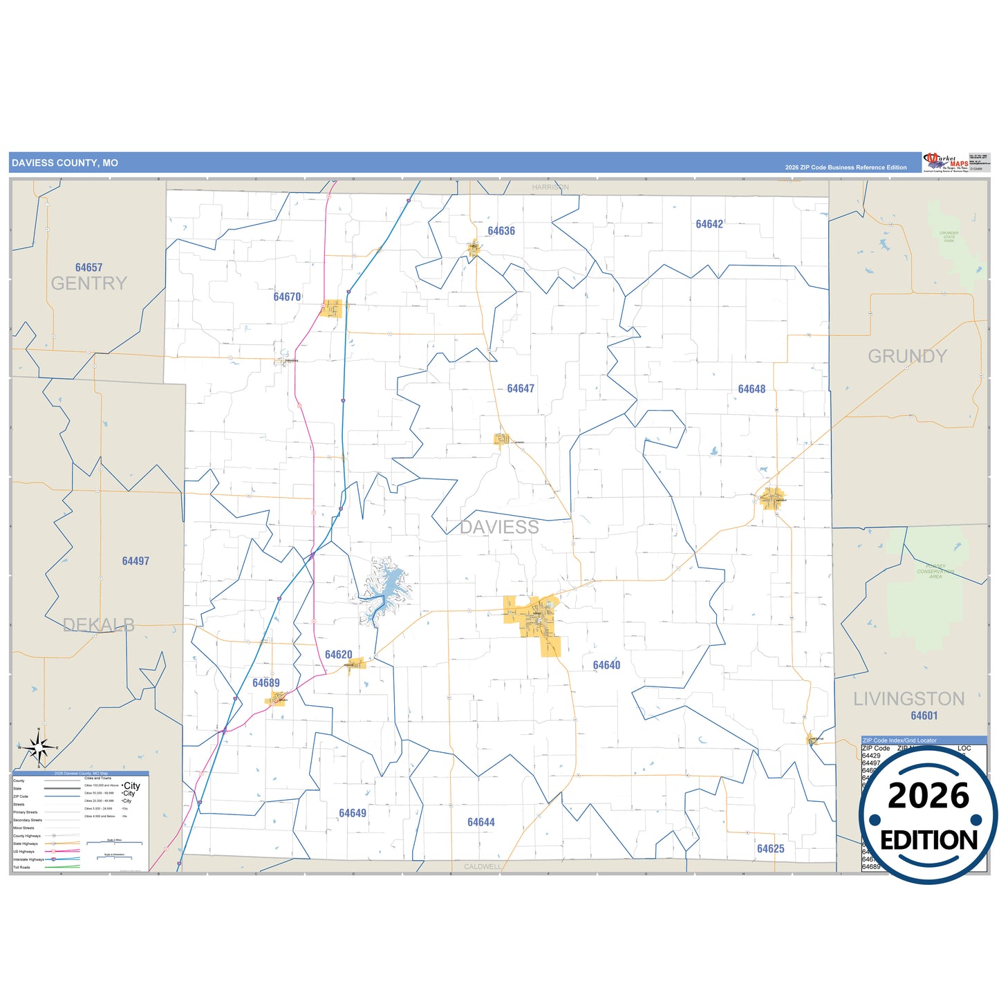 Daviess County, MO Business Reference 5 Digit ZIP Code Wall Map