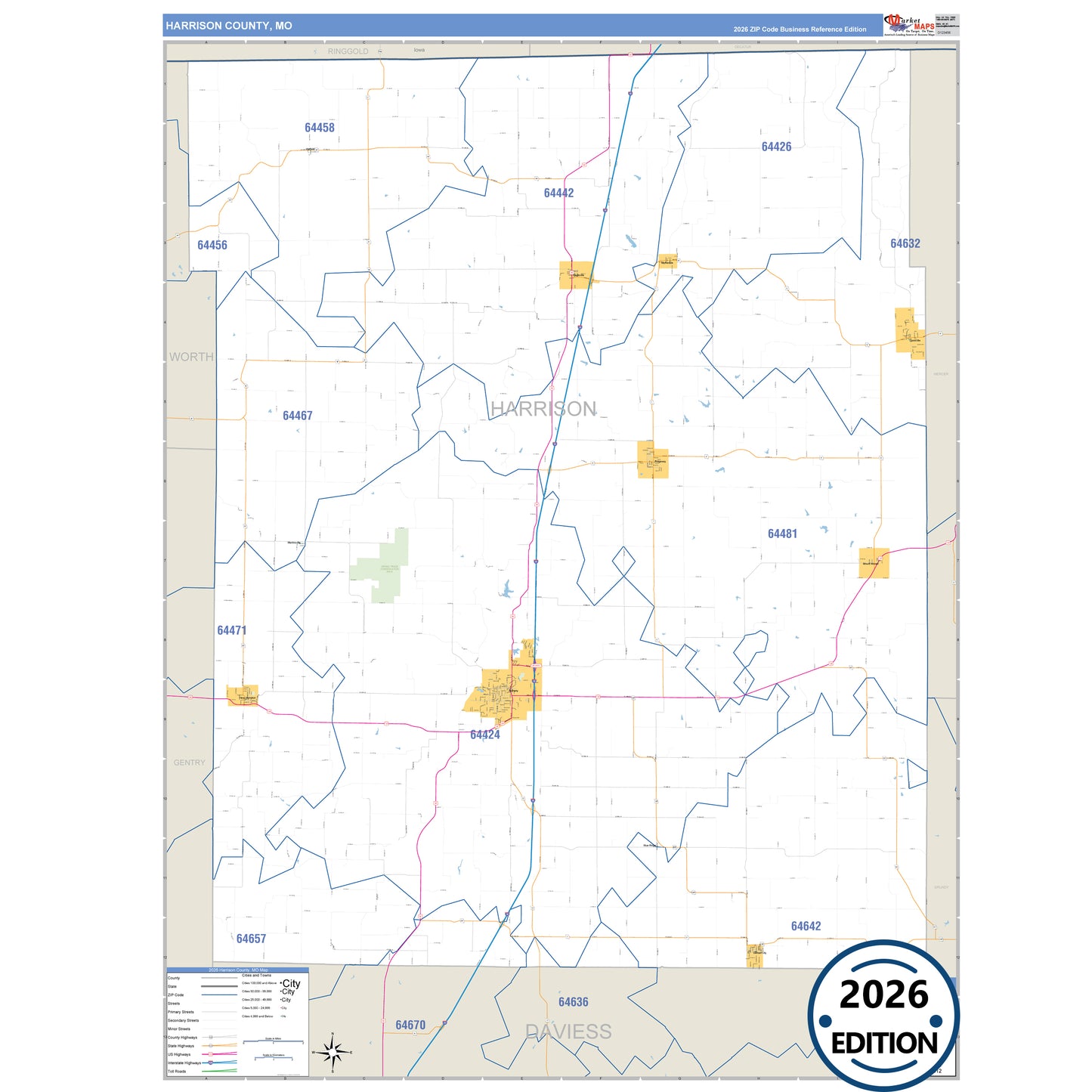 Harrison County, MO Business Reference 5 Digit ZIP Code Wall Map