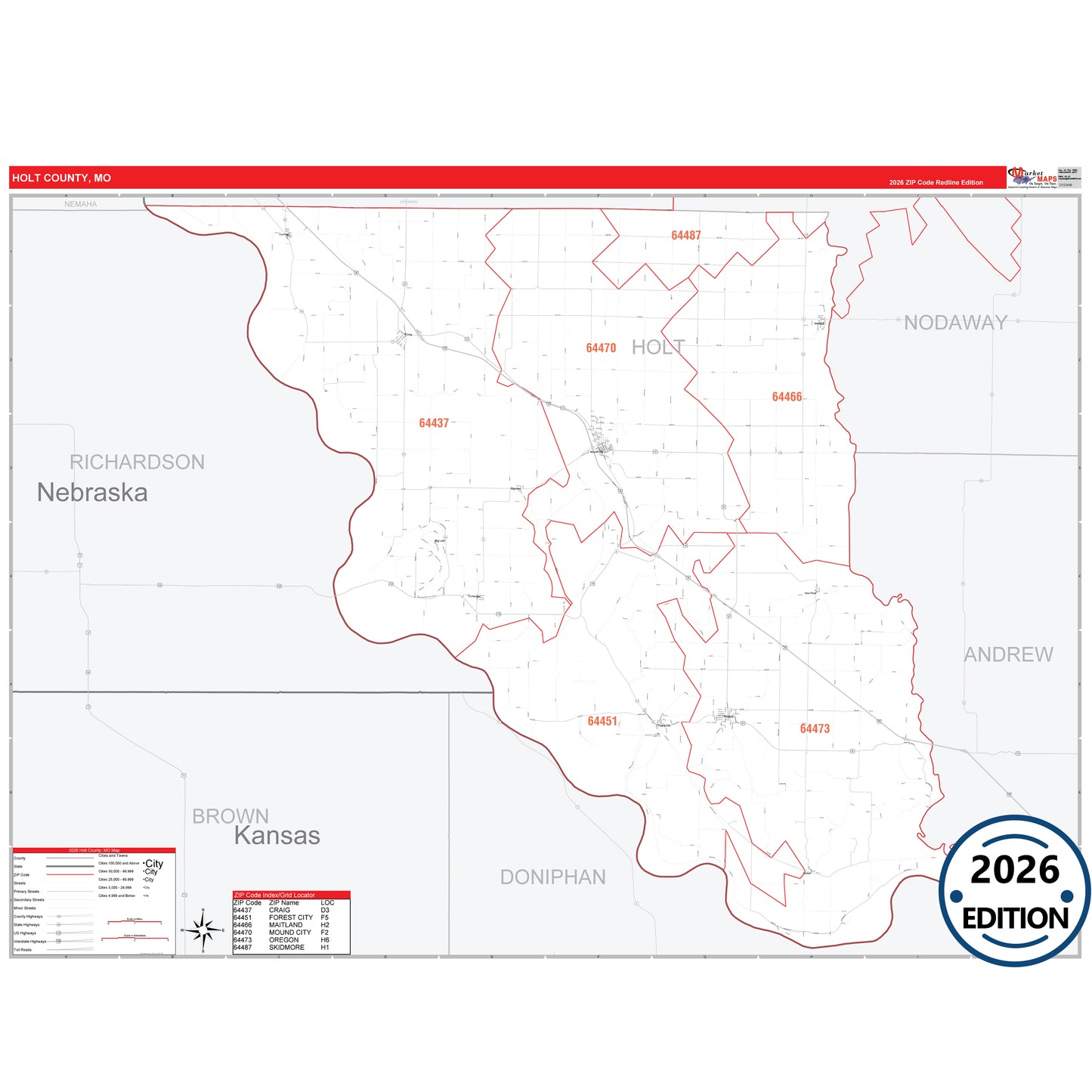 Holt County, MO Red Line 5 Digit ZIP Code Wall Map