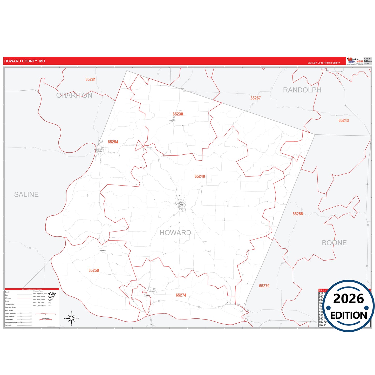 Howard County, MO Red Line 5 Digit ZIP Code Wall Map