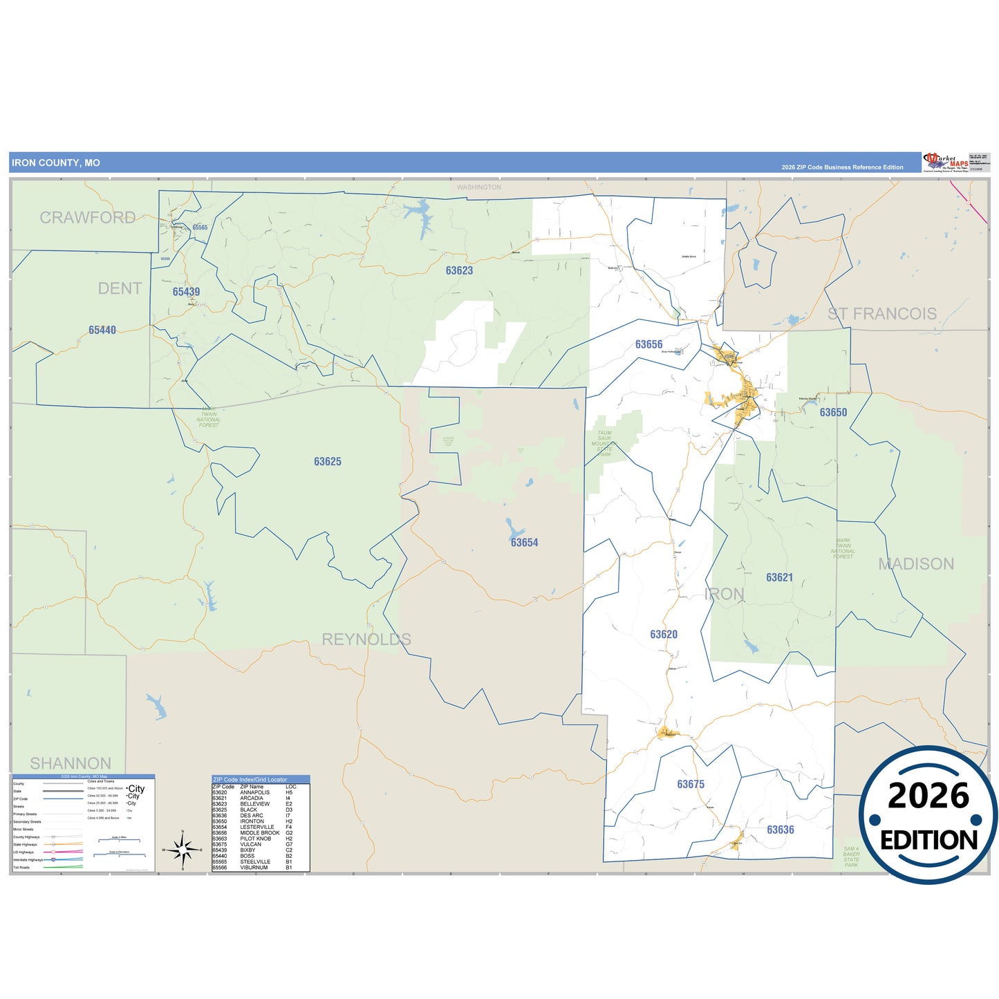 Iron County, MO Business Reference 5 Digit ZIP Code Wall Map