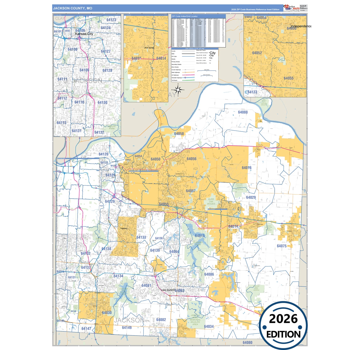 Jackson County, MO Business Reference 5 Digit ZIP Code Wall Map