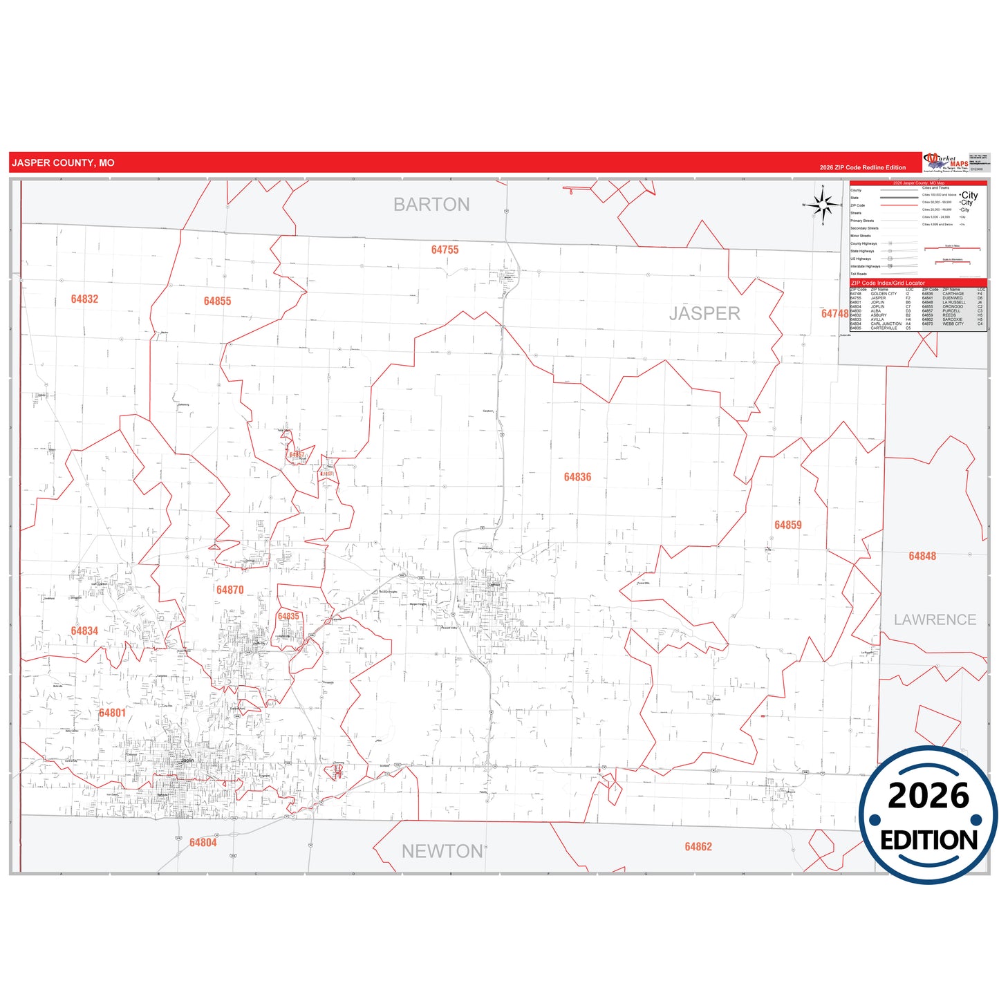 Jasper County, MO Red Line 5 Digit ZIP Code Wall Map