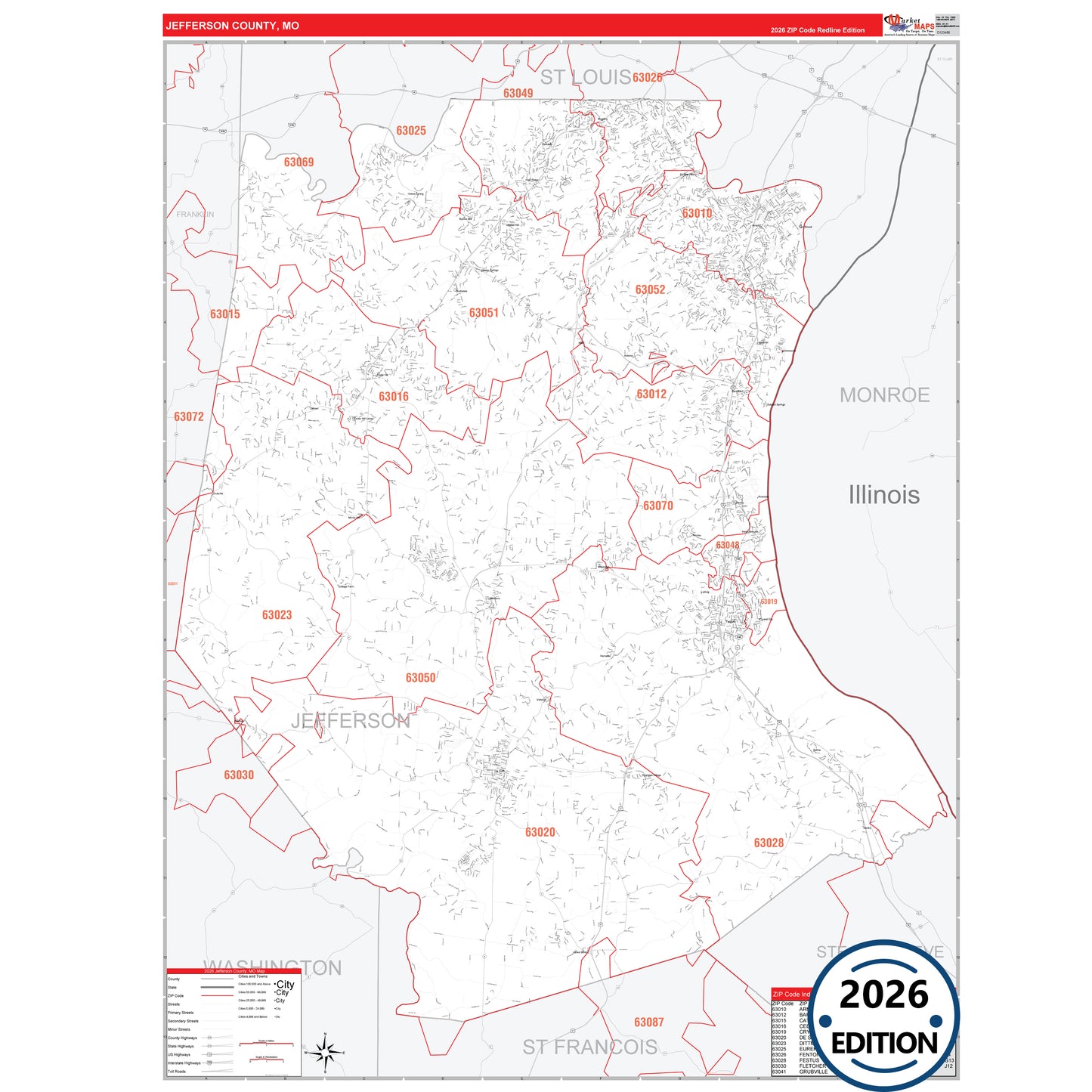 Jefferson County, MO Red Line 5 Digit ZIP Code Wall Map