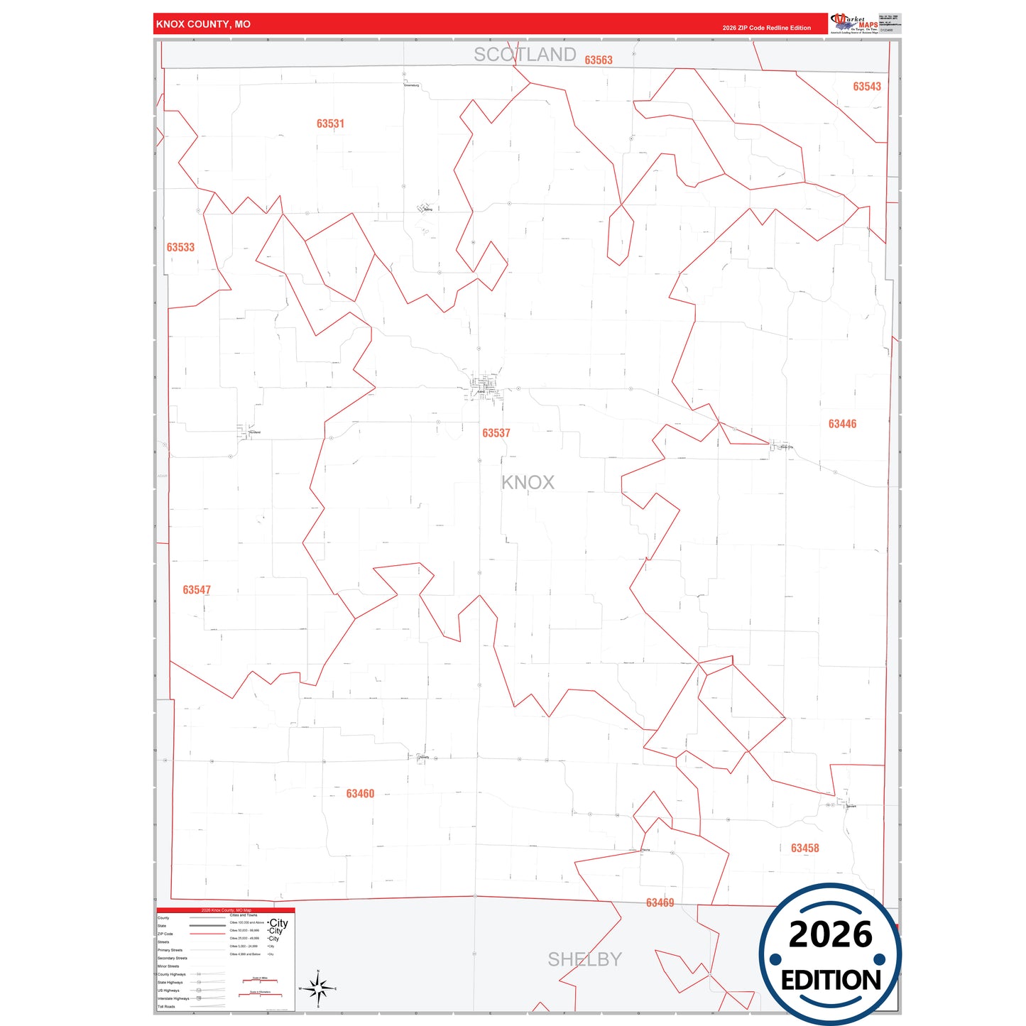 Knox County, MO Red Line 5 Digit ZIP Code Wall Map