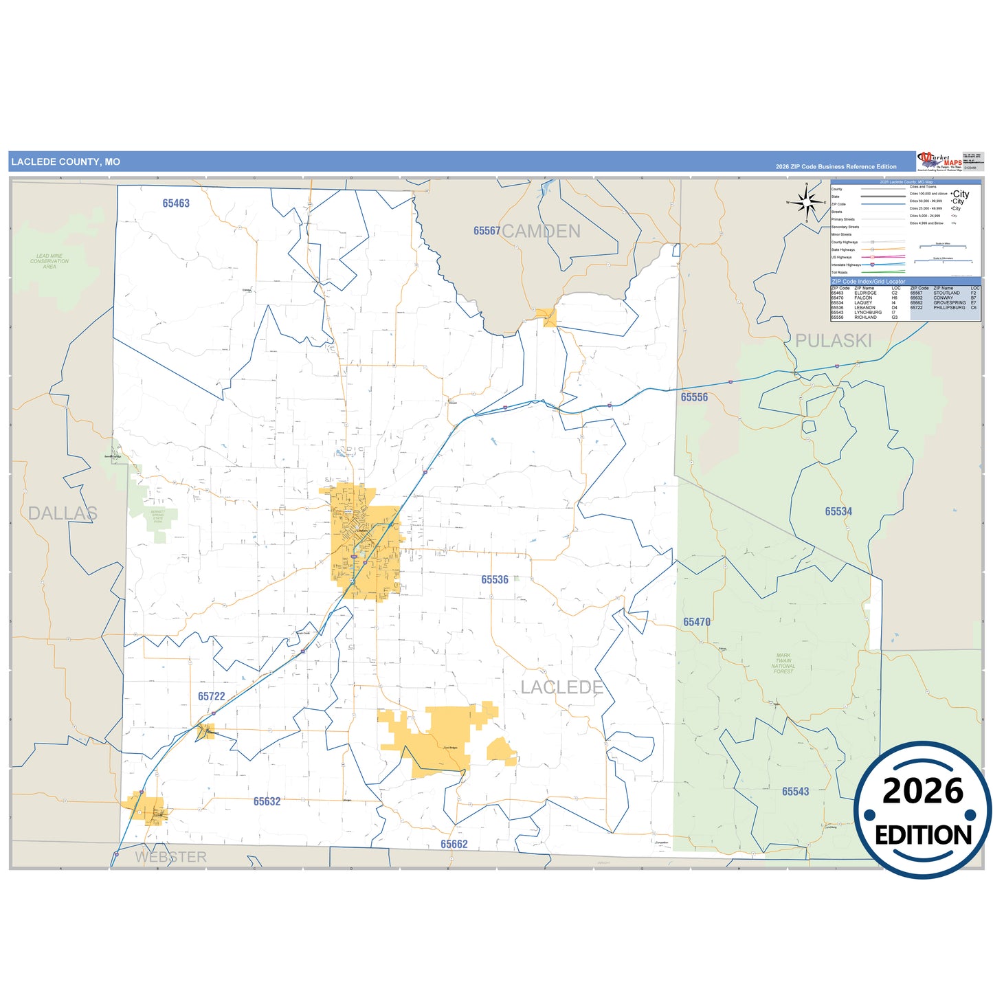 Laclede County, MO Business Reference 5 Digit ZIP Code Wall Map