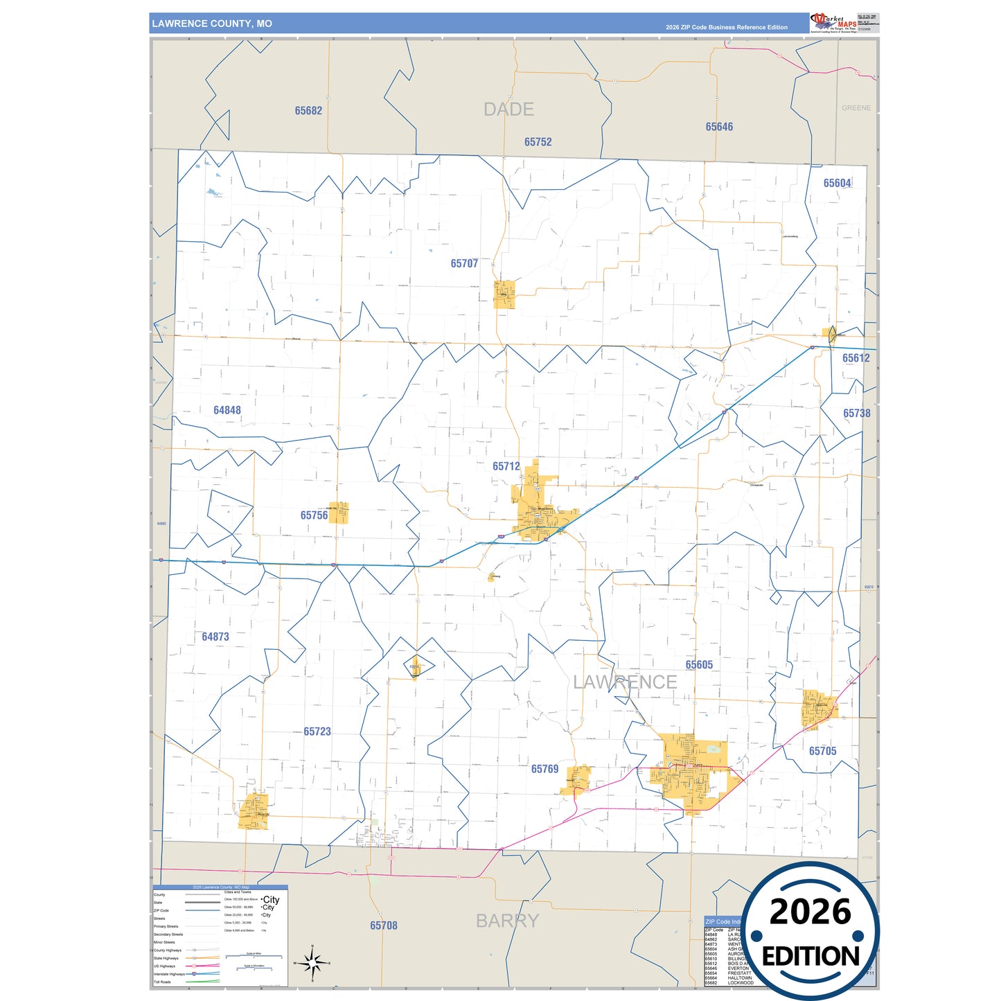 Lawrence County, MO Business Reference 5 Digit ZIP Code Wall Map