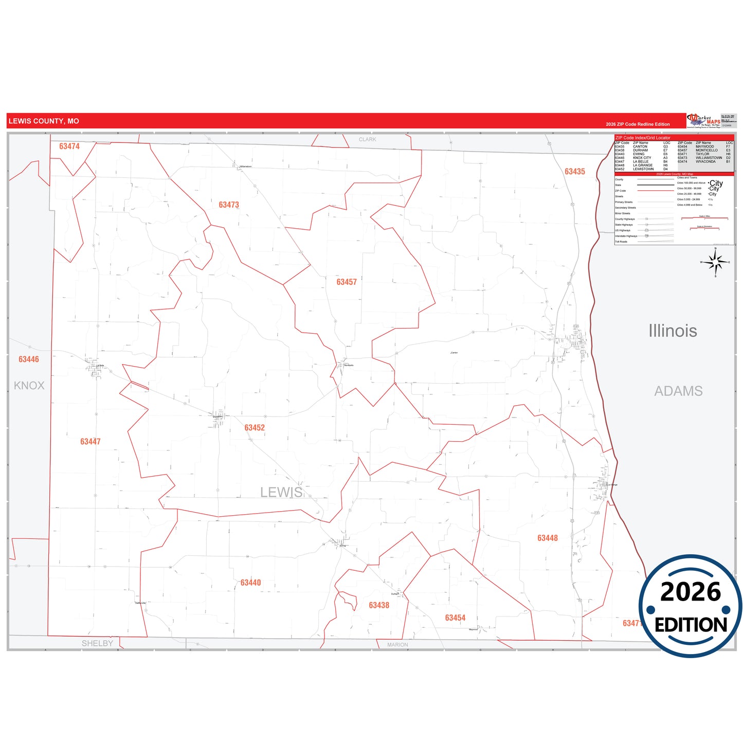 Lewis County, MO Red Line 5 Digit ZIP Code Wall Map