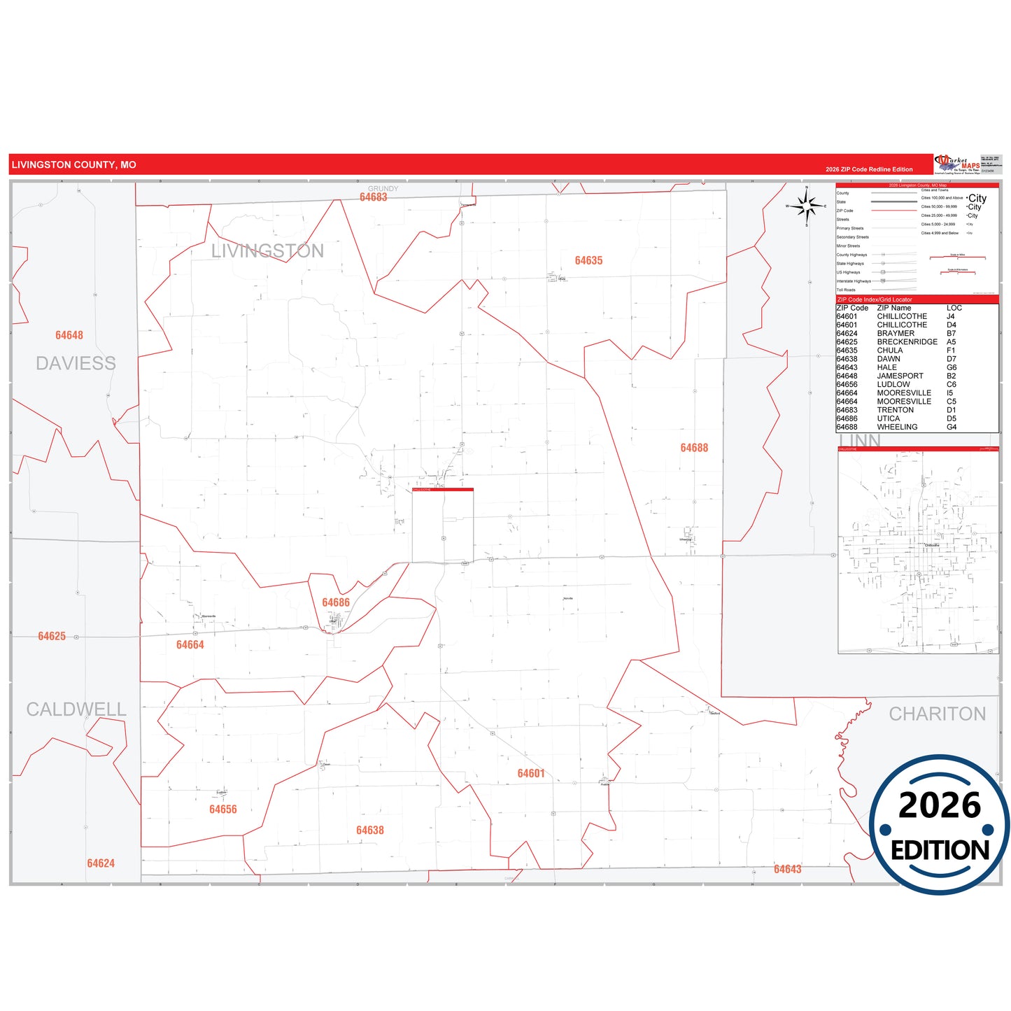 Livingston County, MO Red Line 5 Digit ZIP Code Wall Map