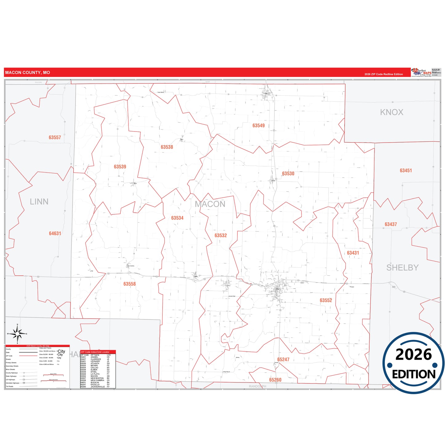 Macon County, MO Red Line map with detailed roads, cities, and ZIP code boundaries.
