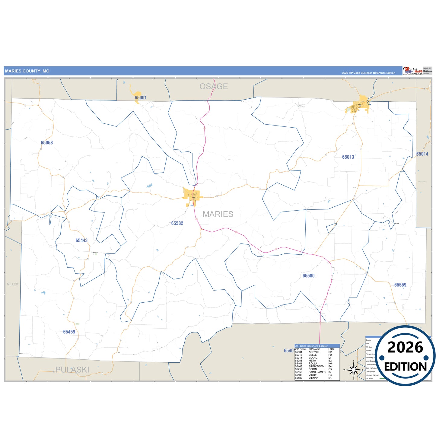 Maries County, MO Business Reference 5 Digit ZIP Code Wall Map