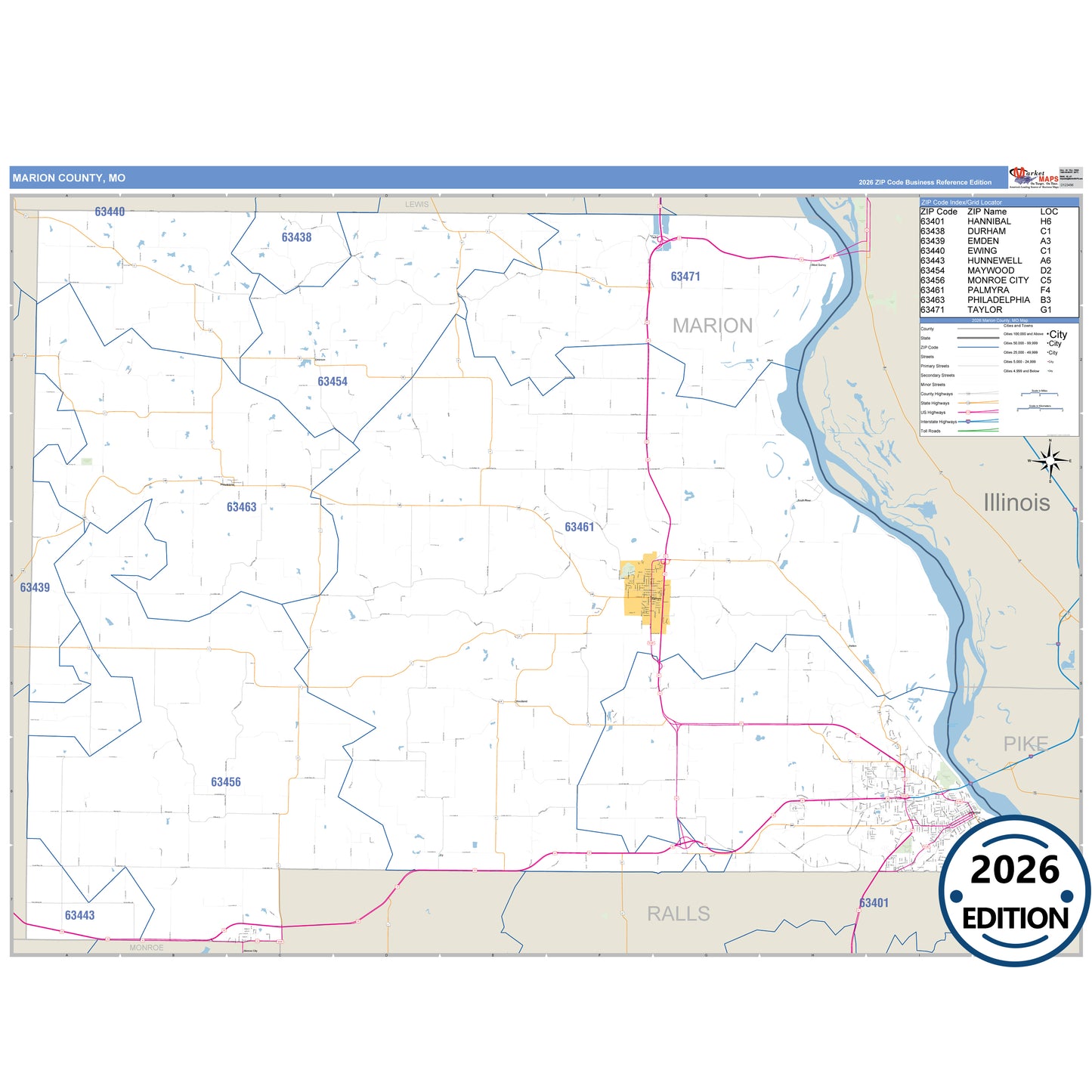 Marion County, MO Business Reference 5 Digit ZIP Code Wall Map