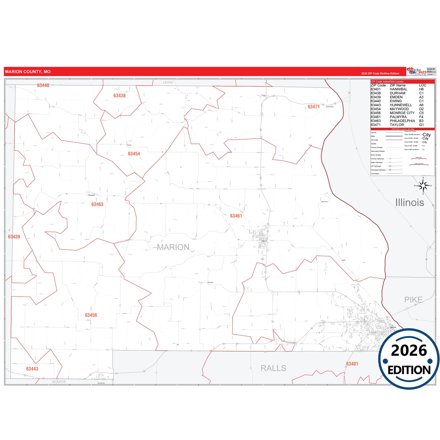 Marion County, MO Red Line 5 Digit ZIP Code Wall Map