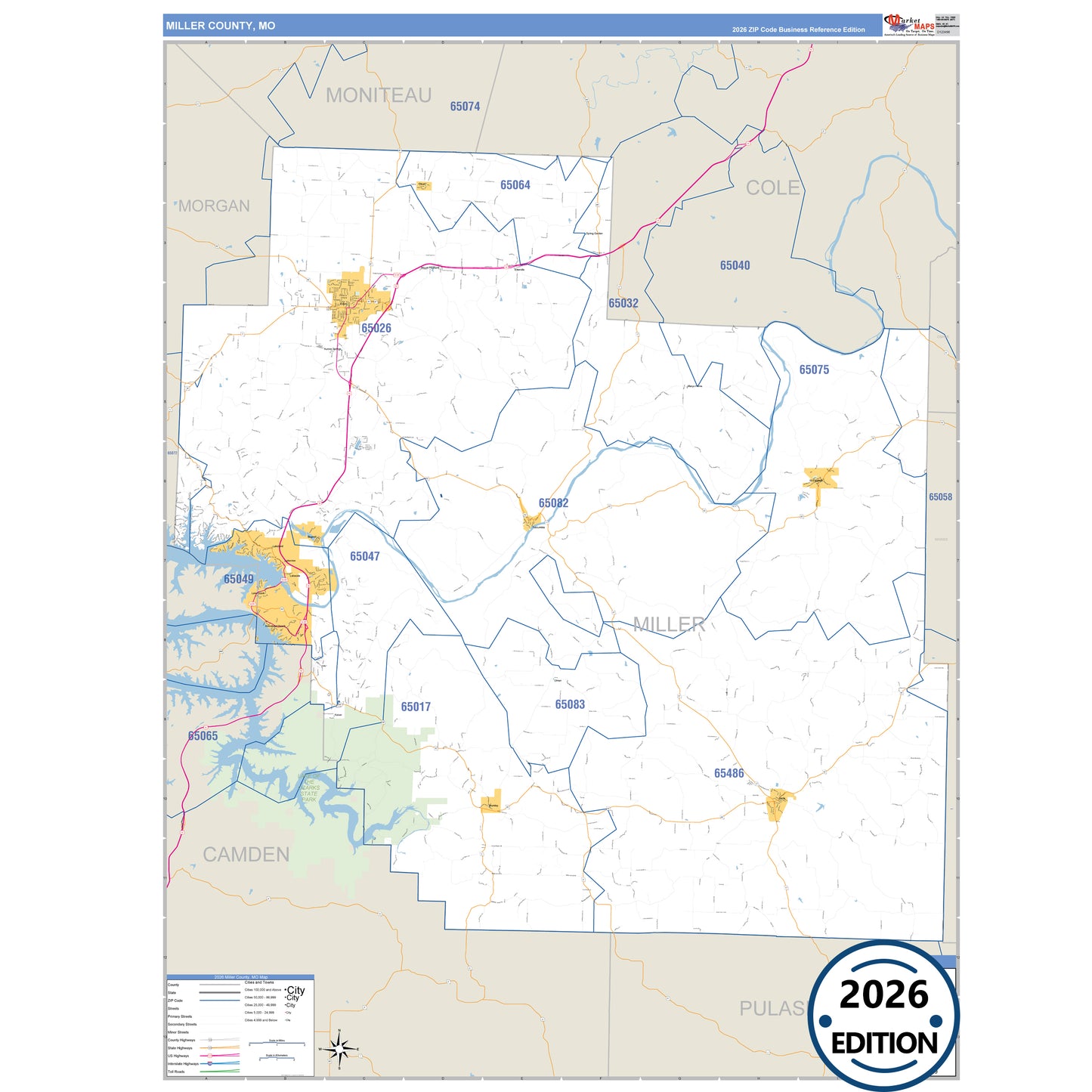 Miller County, MO Business Reference 5 Digit ZIP Code Wall Map