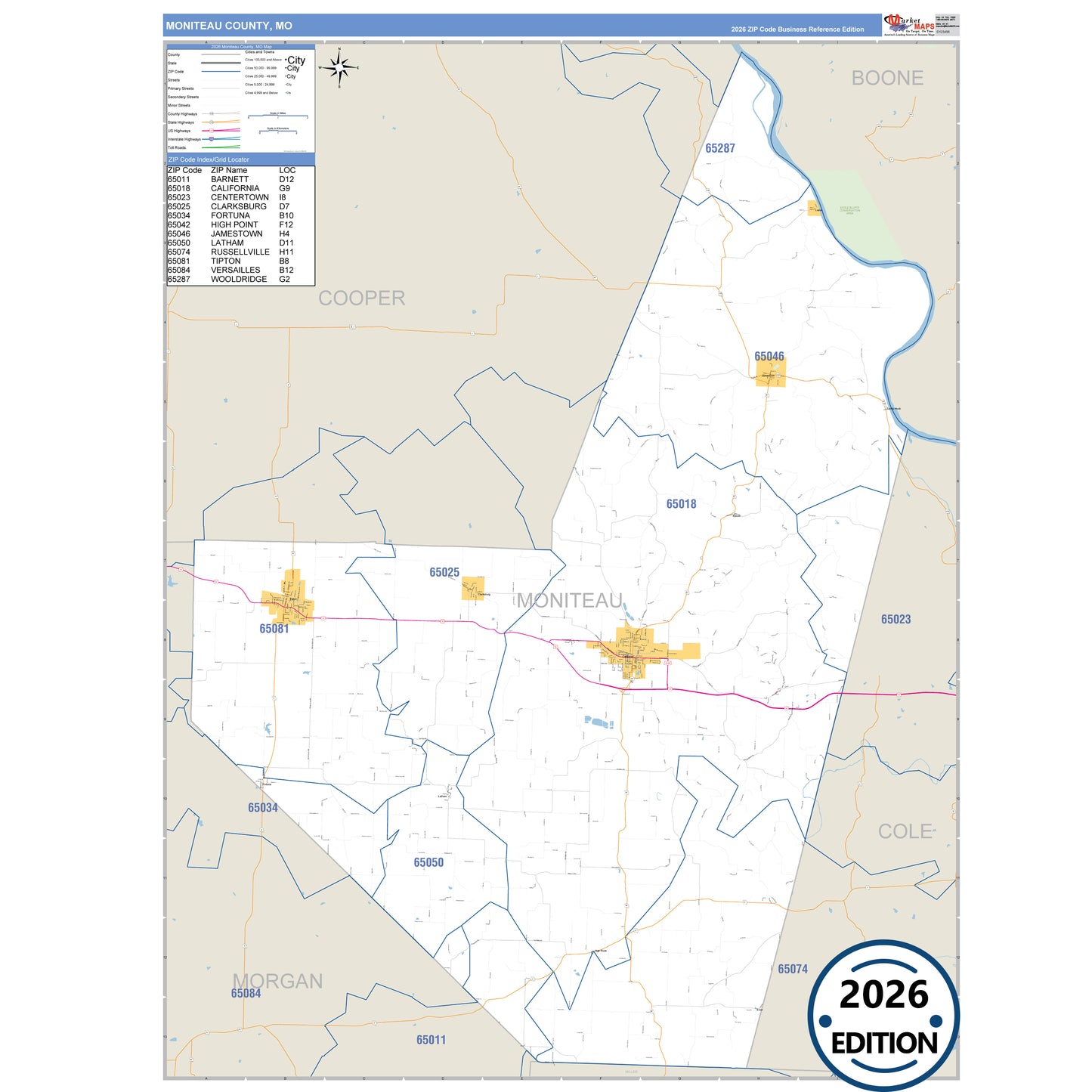 Moniteau County, MO Business Reference 5 Digit ZIP Code Wall Map