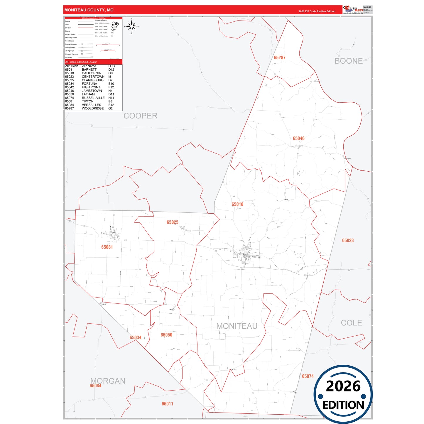 Moniteau County, MO Red Line 5 Digit ZIP Code Wall Map