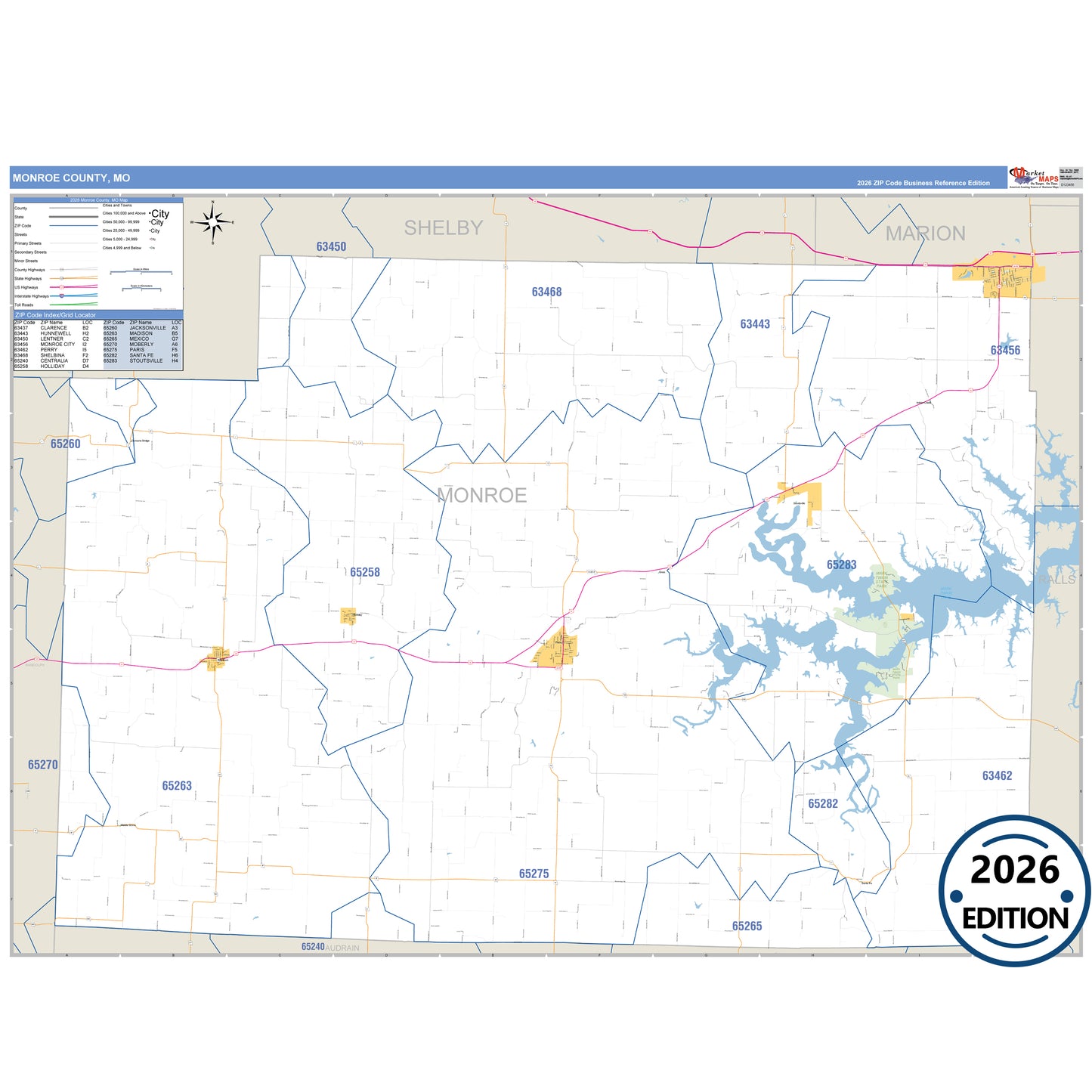 Monroe County, MO Business Reference 5 Digit ZIP Code Wall Map