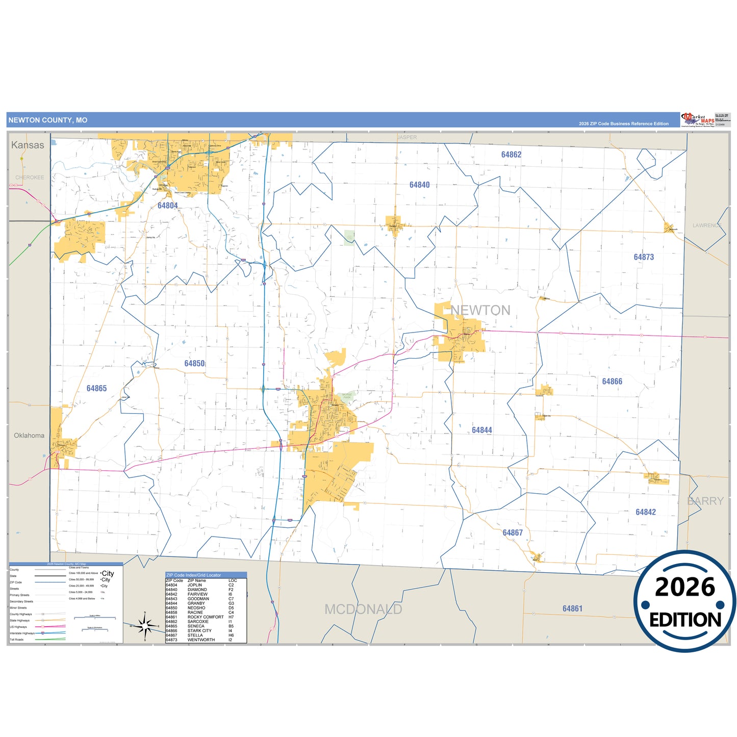 Newton County, MO Business Reference 5 Digit ZIP Code Wall Map