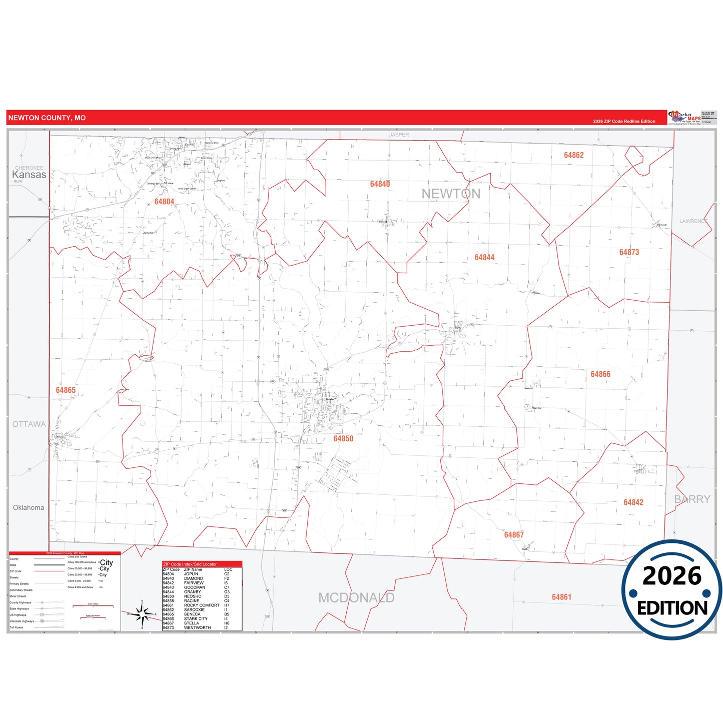 Newton County, MO Red Line 5 Digit ZIP Code Wall Map