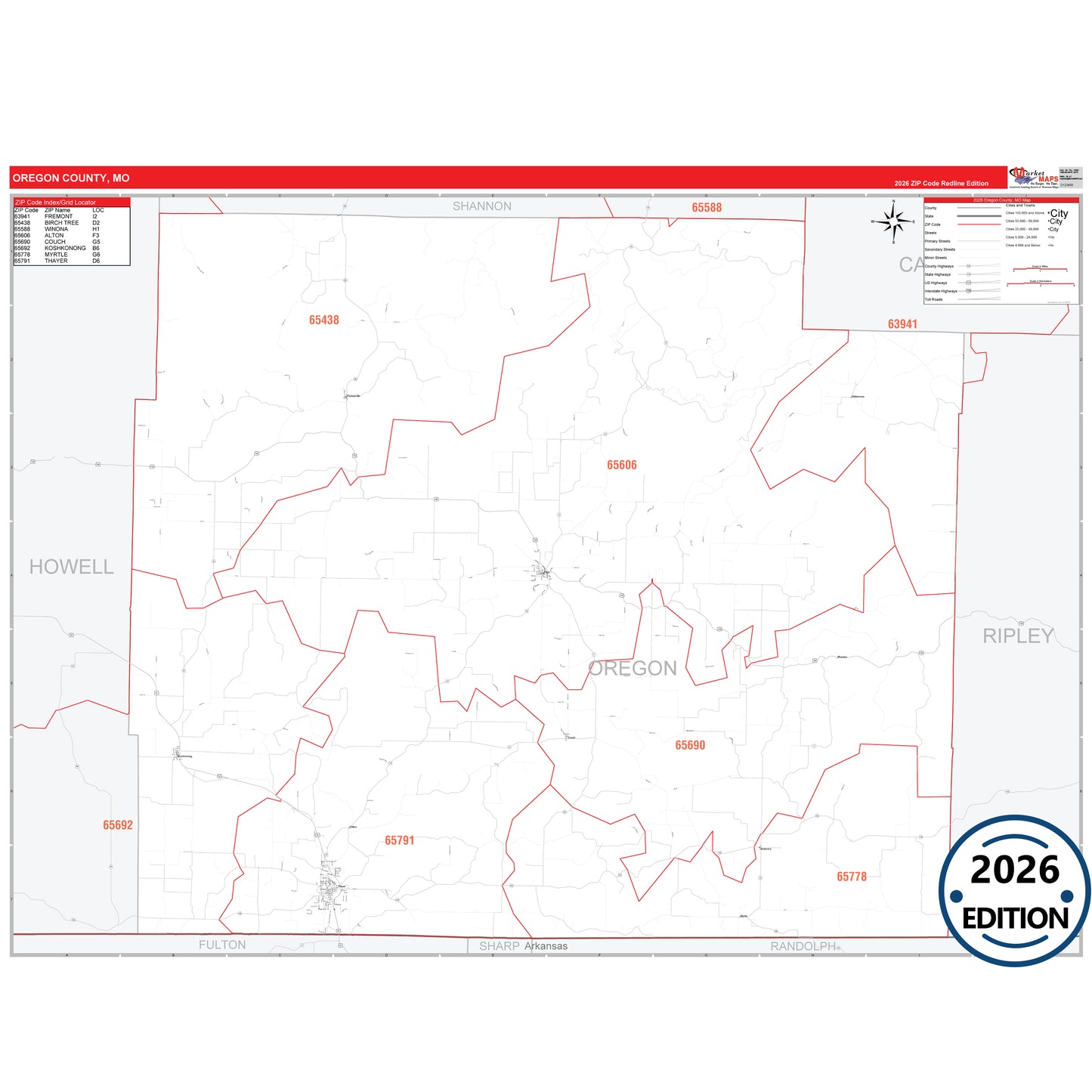 Oregon County, MO Red Line 5 Digit ZIP Code Wall Map