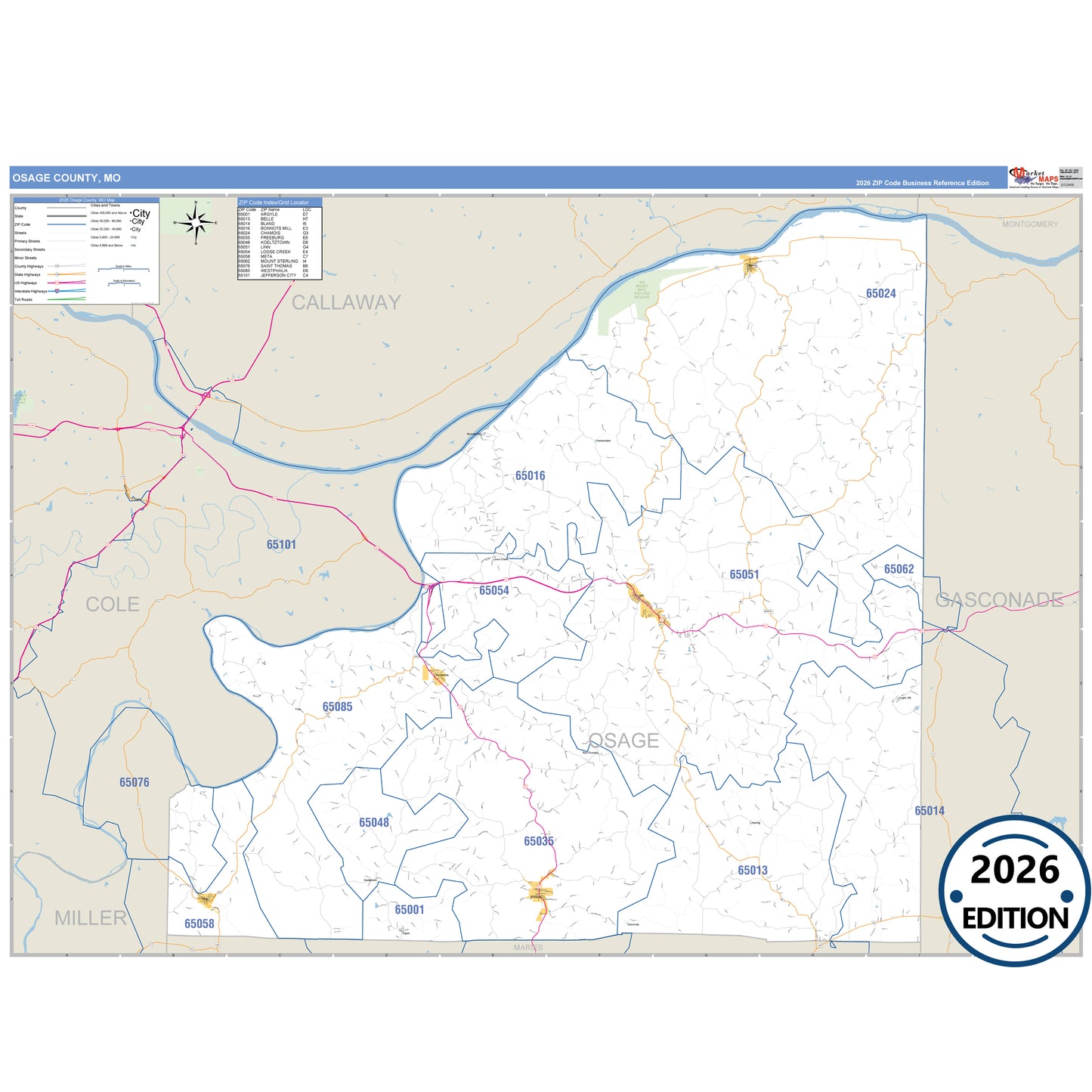 Osage County, MO Business Reference 5 Digit ZIP Code Wall Map