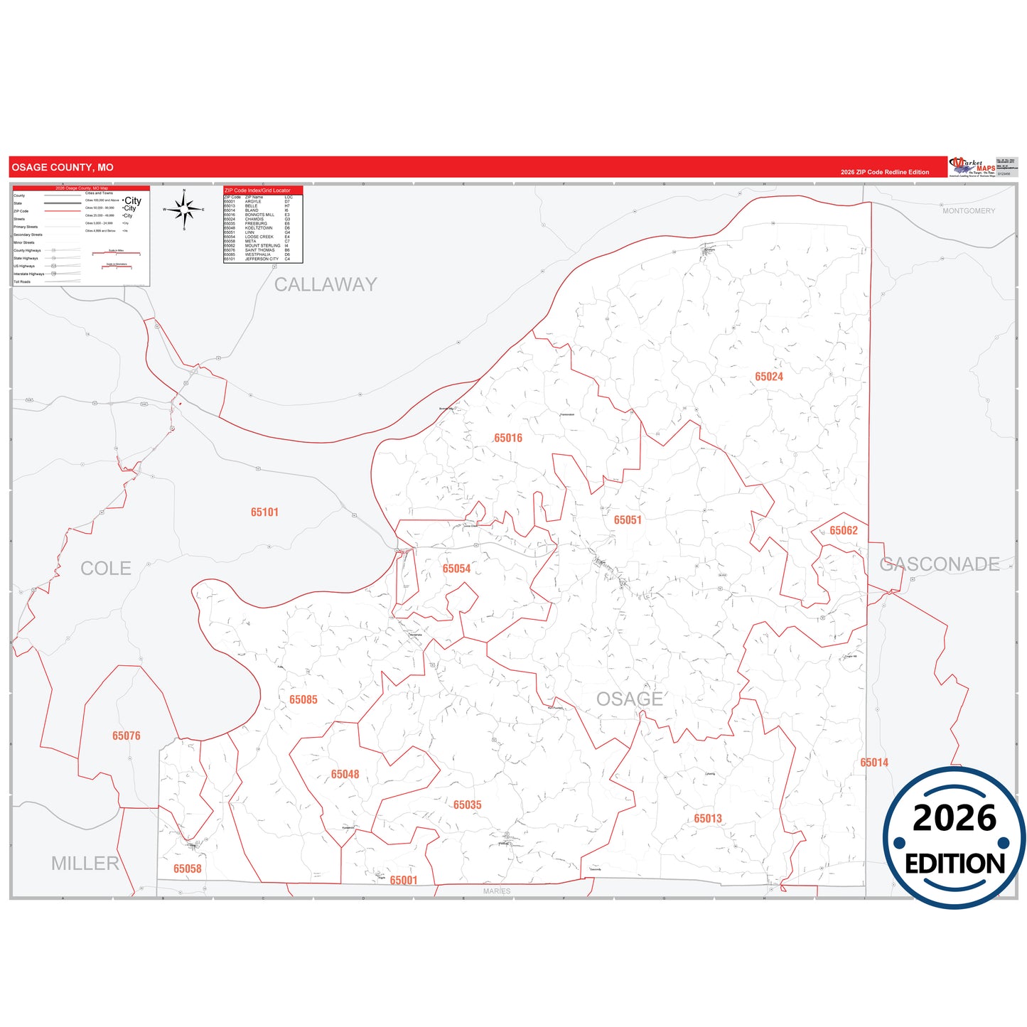 Osage County, MO Red Line 5 Digit ZIP Code Wall Map