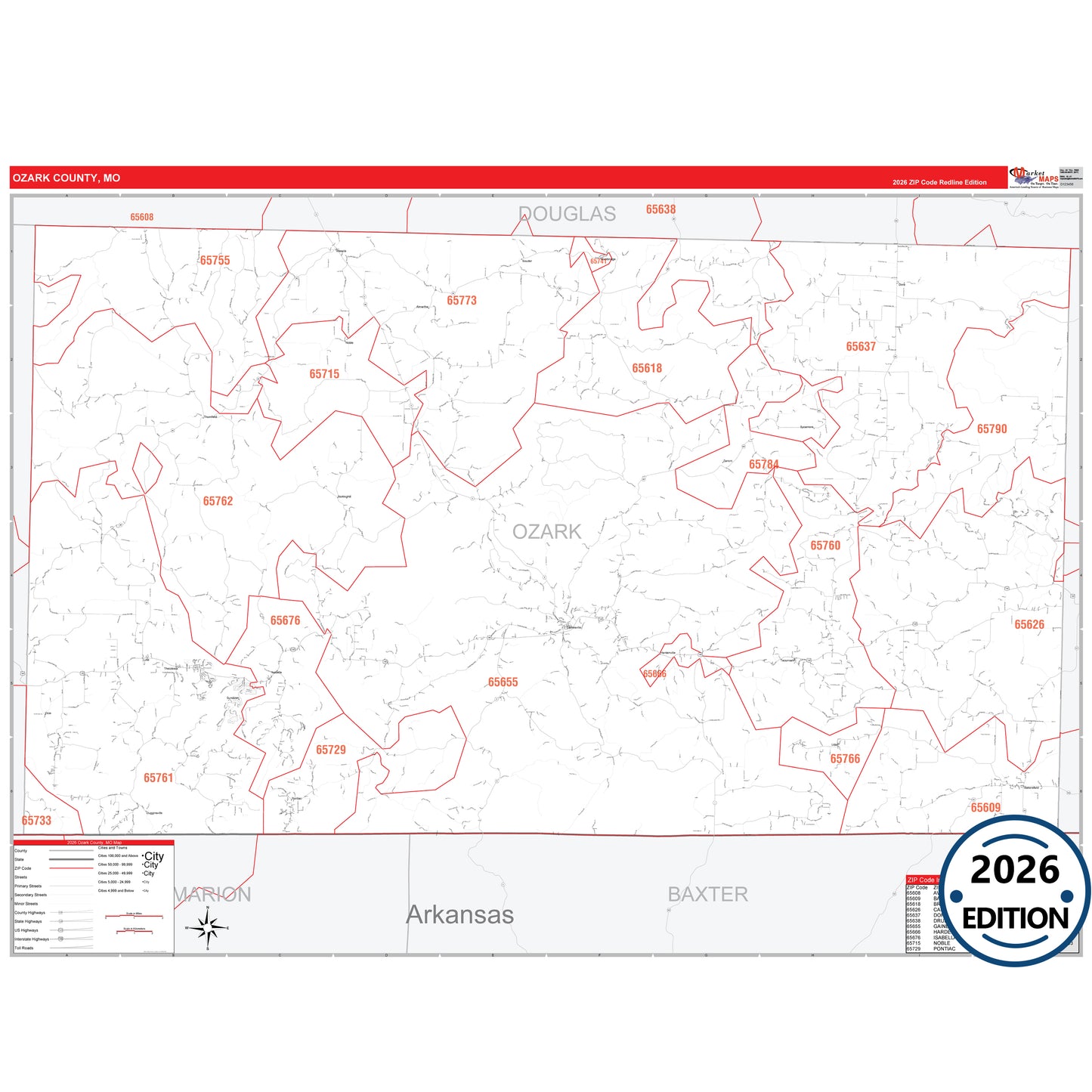 Ozark County, MO Red Line 5 Digit ZIP Code Wall Map
