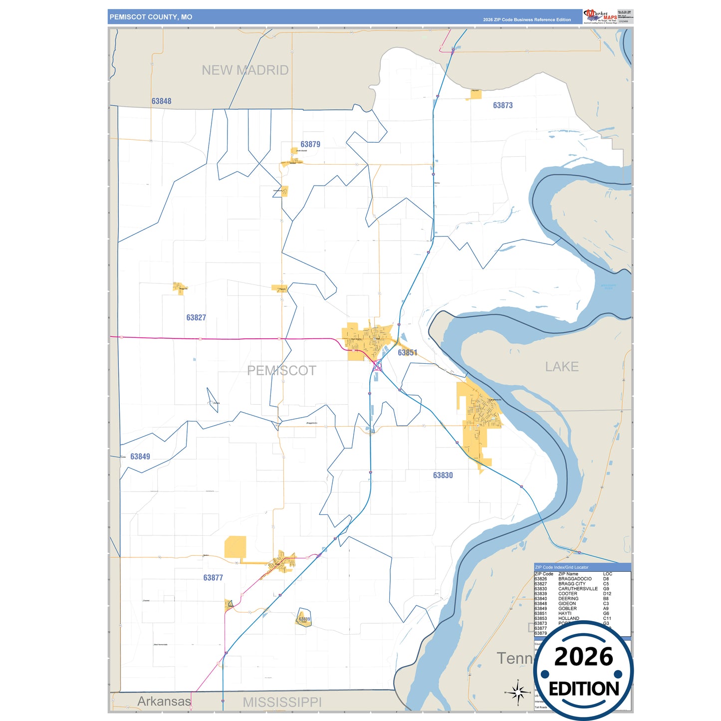 Pemiscot County, MO Business Reference map with detailed roads, cities, and ZIP code boundaries.