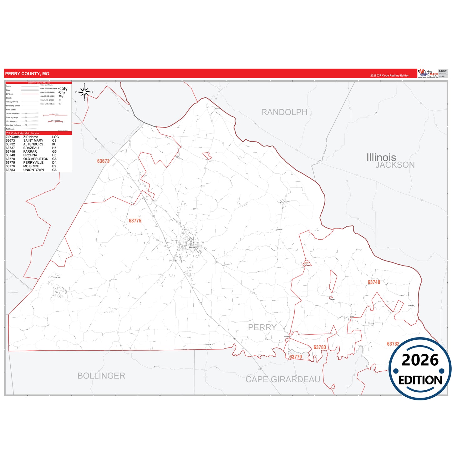 Perry County, MO Red Line 5 Digit ZIP Code Wall Map