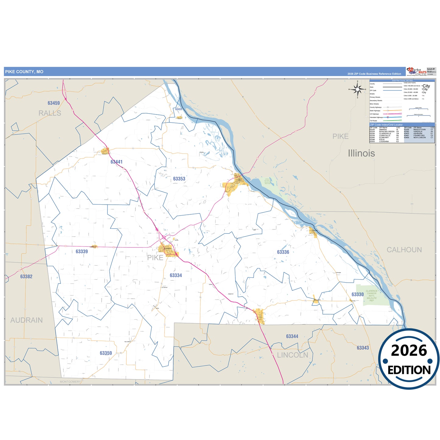 Pike County, MO Business Reference 5 Digit ZIP Code Wall Map