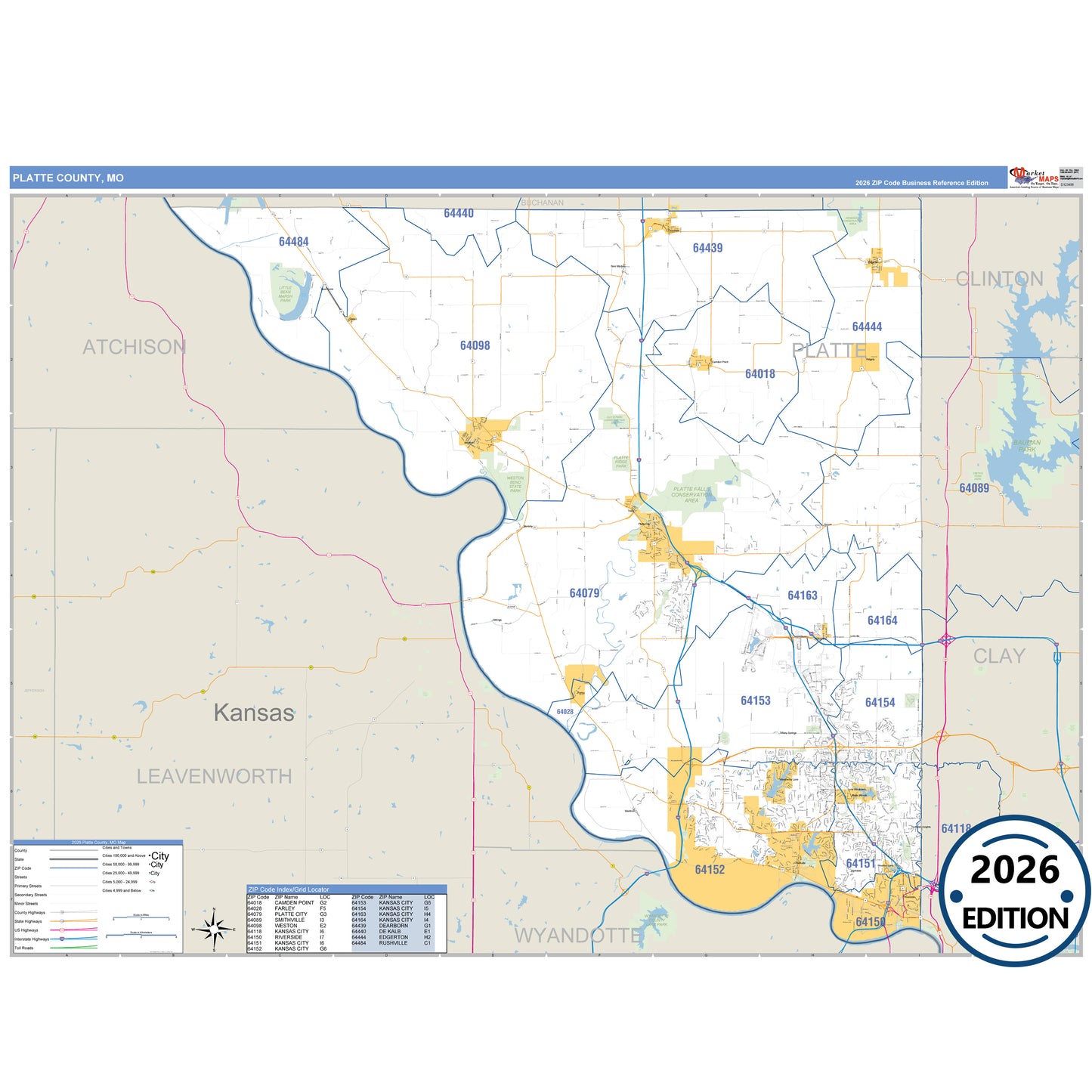 Platte County, MO Business Reference 5 Digit ZIP Code Wall Map