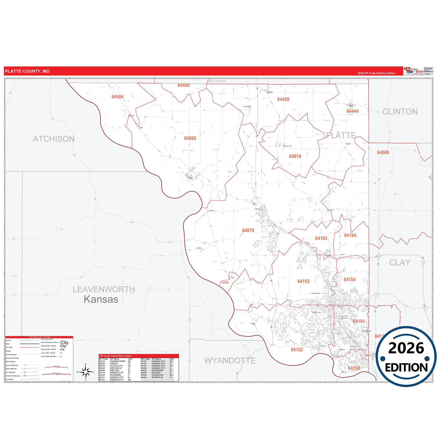 Platte County, MO Red Line 5 Digit ZIP Code Wall Map