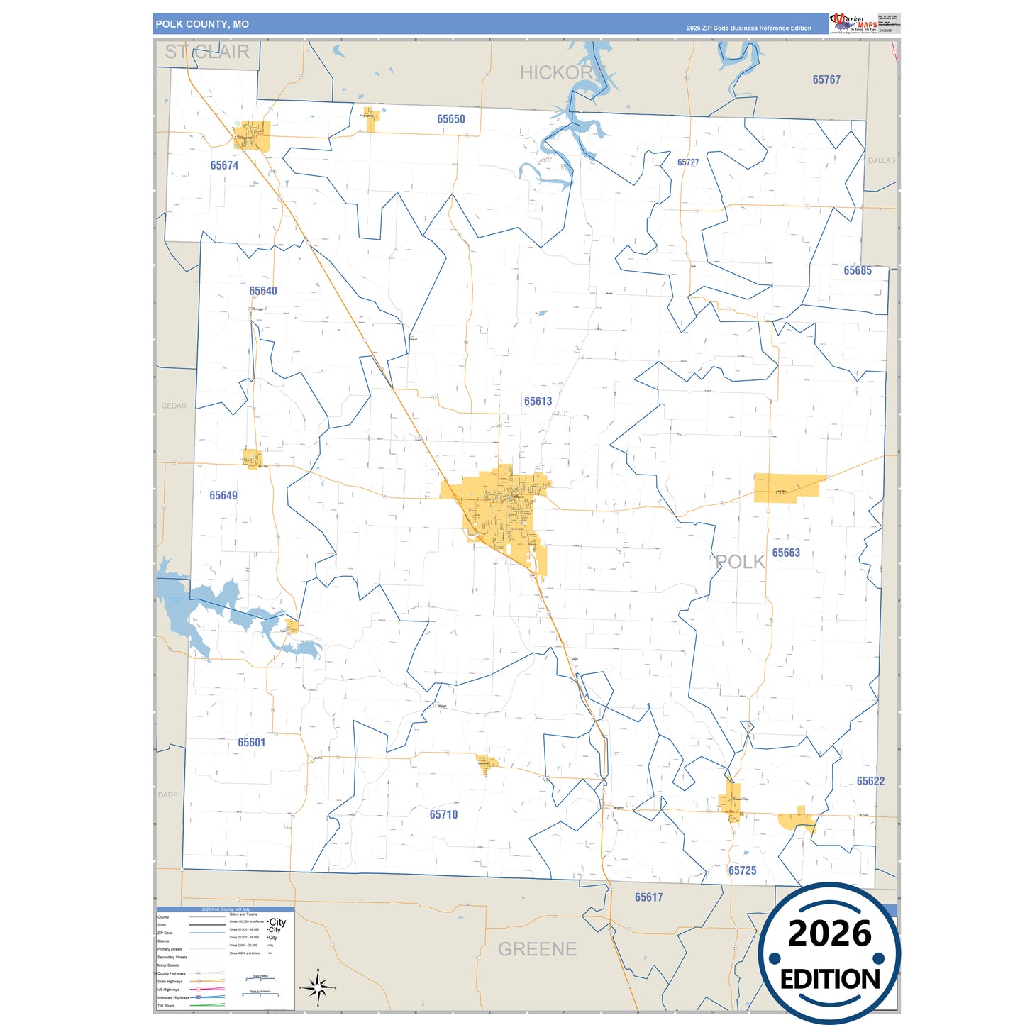 Polk County, MO Business Reference 5 Digit ZIP Code Wall Map