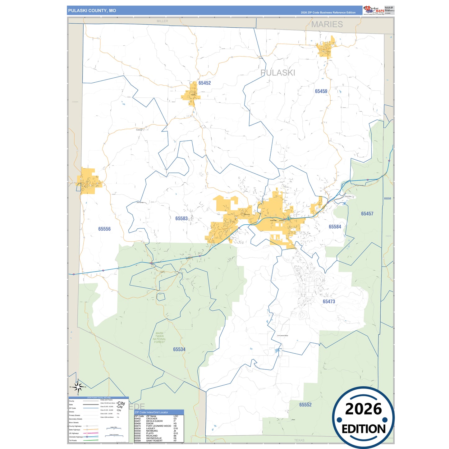 Pulaski County, MO Business Reference 5 Digit ZIP Code Wall Map