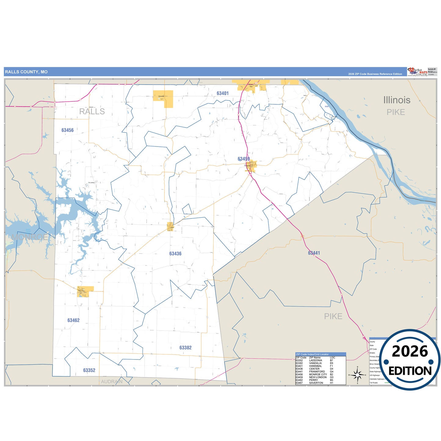 Ralls County, MO Business Reference 5 Digit ZIP Code Wall Map