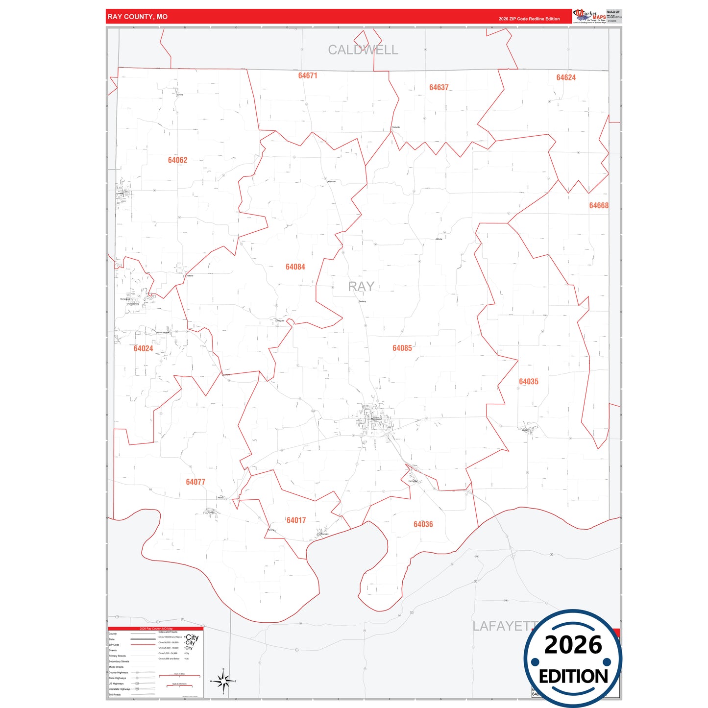 Ray County, MO Red Line 5 Digit ZIP Code Wall Map