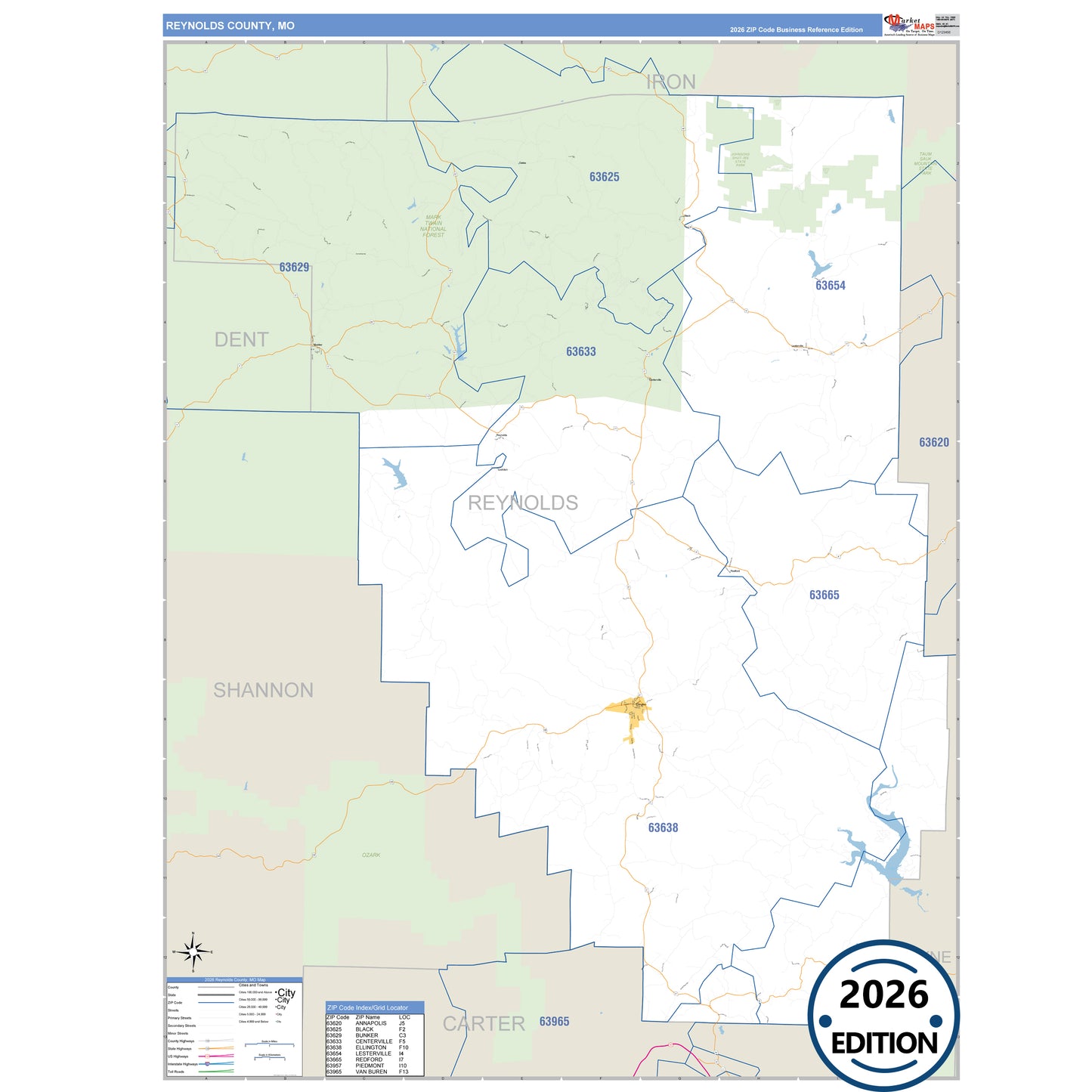 Reynolds County, MO Business Reference 5 Digit ZIP Code Wall Map