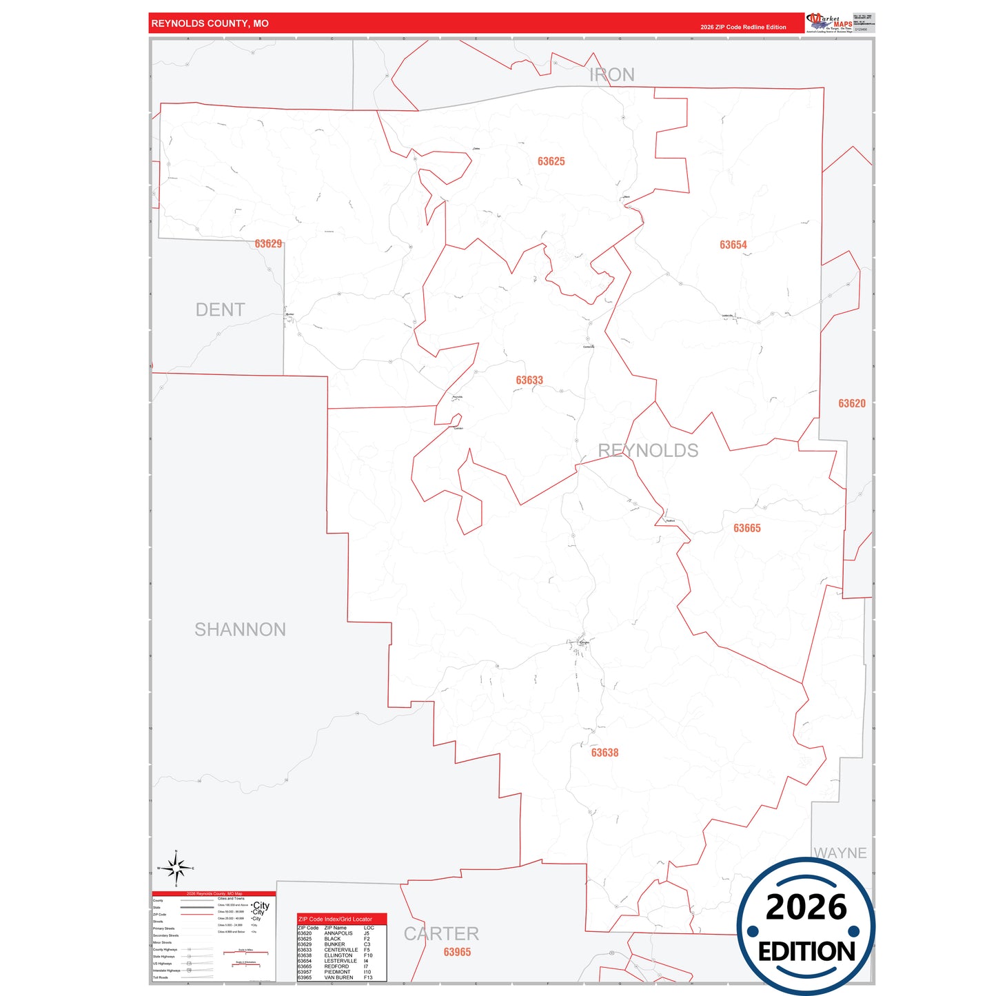 Reynolds County, MO Red Line 5 Digit ZIP Code Wall Map