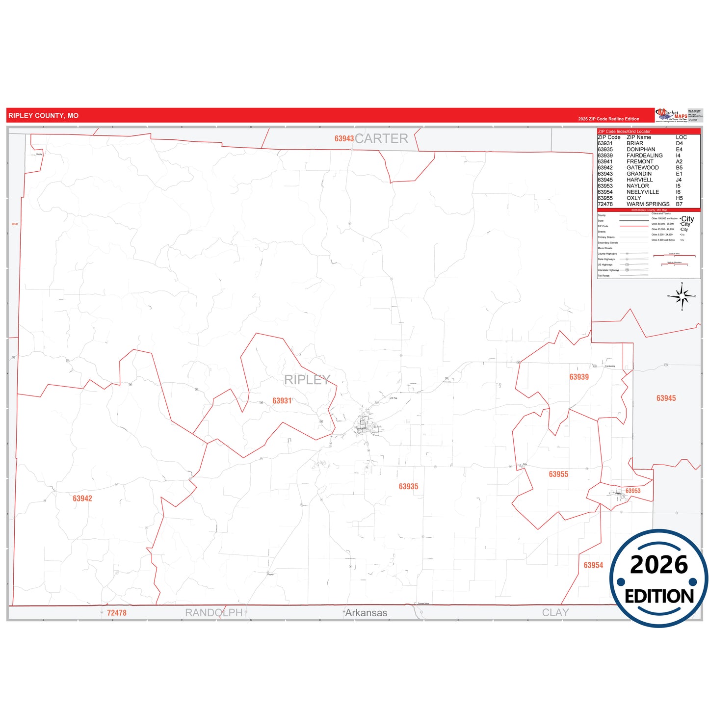 Ripley County, MO Red Line 5 Digit ZIP Code Wall Map